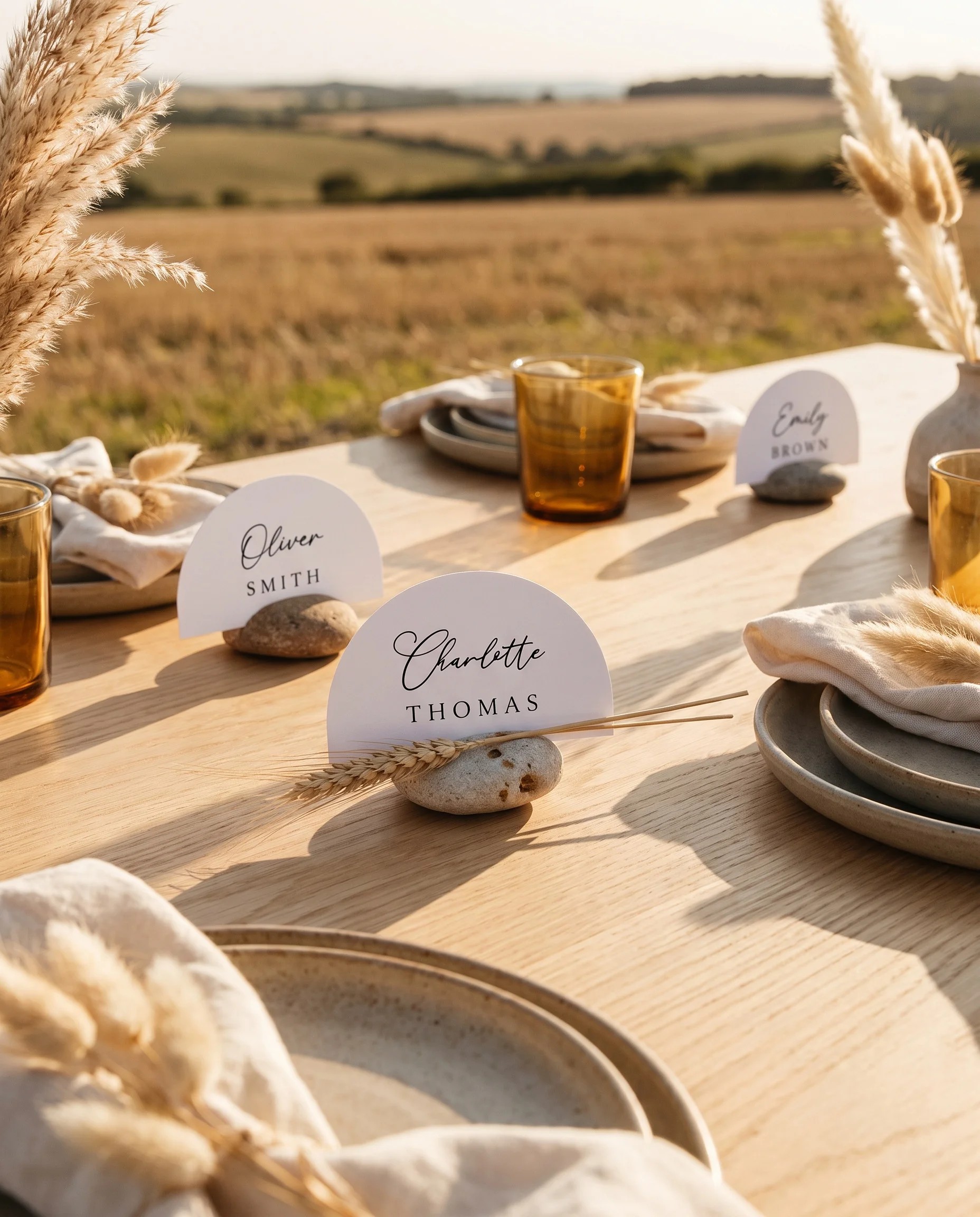 Halo Arch wedding place cards — cards arranged on a dressed reception table under soft natural light, place card template.