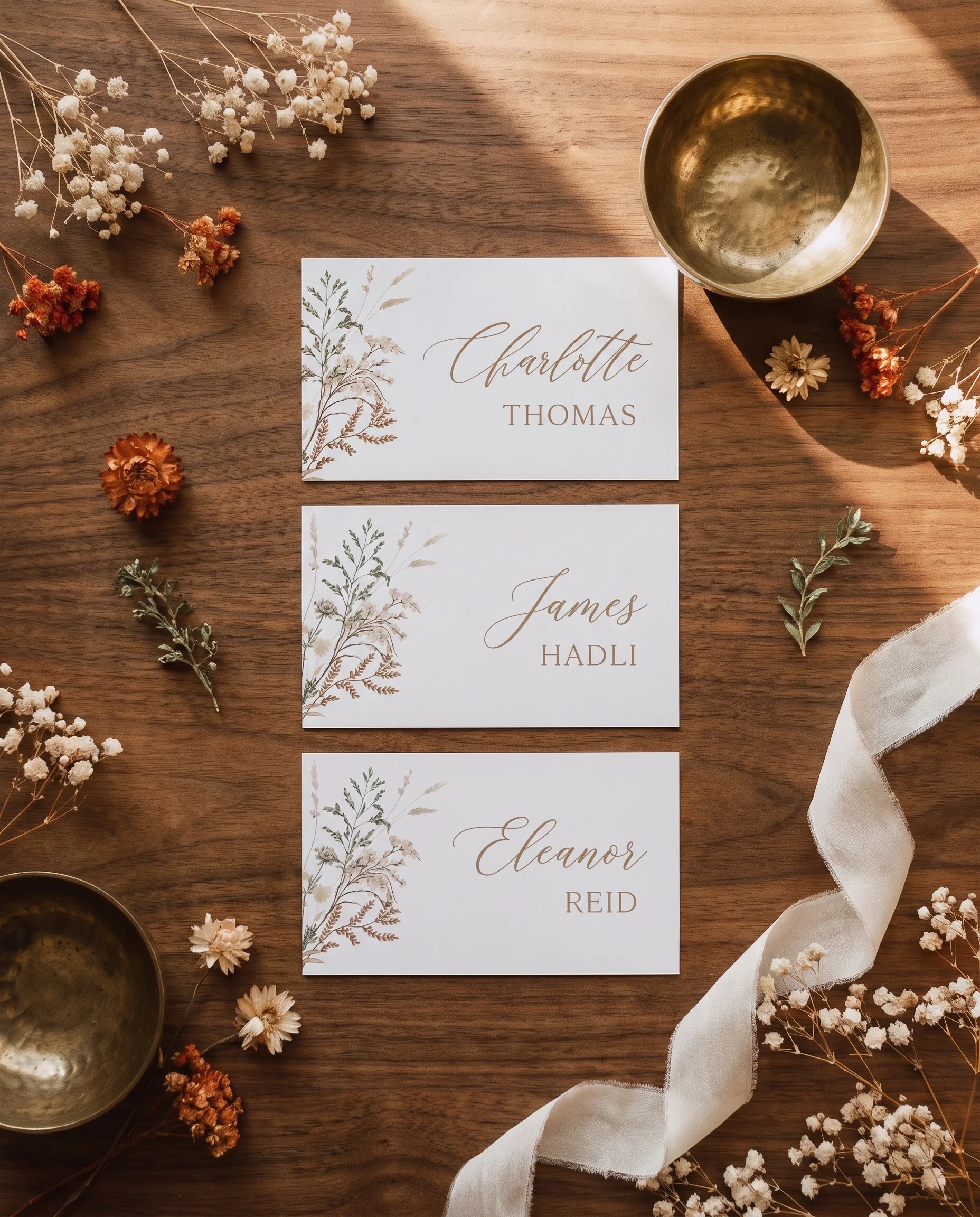 Bramble Court wedding place cards — flat lay view of a single card under soft natural light, wedding place cards