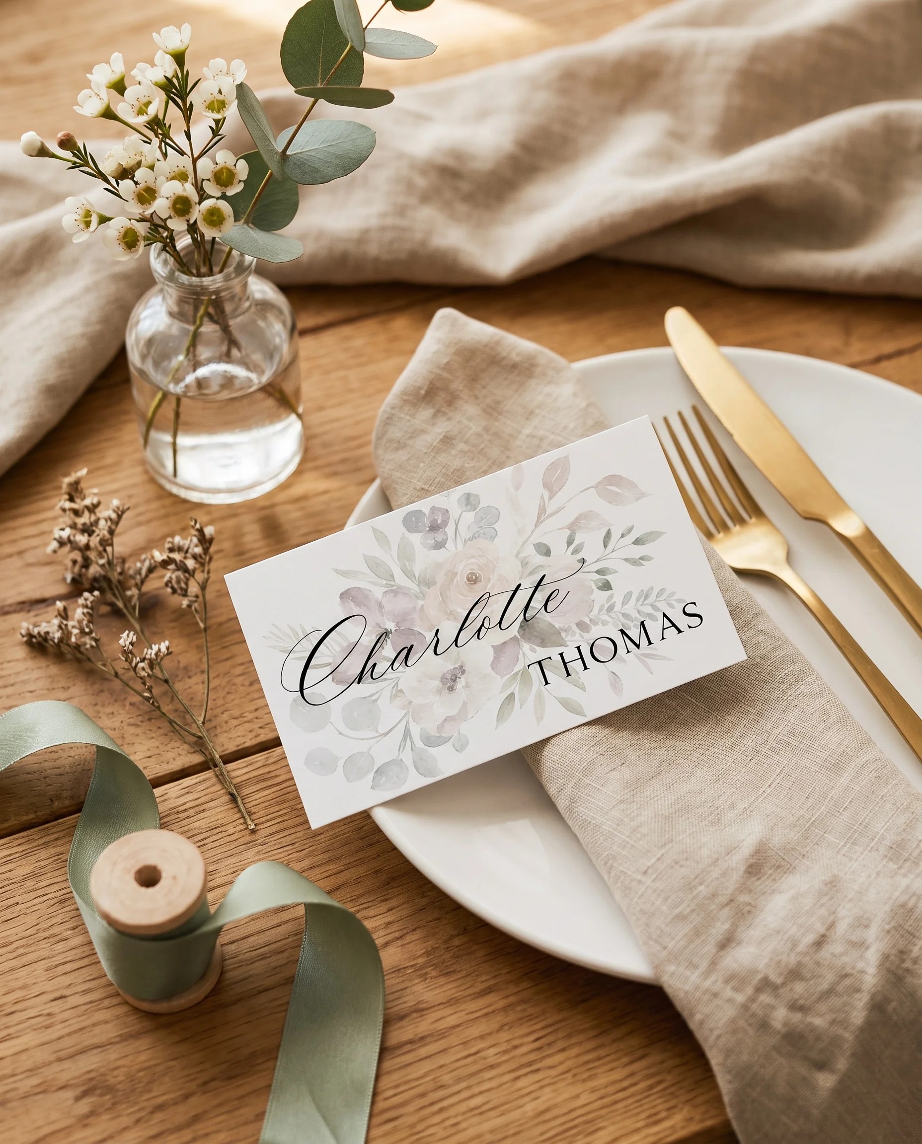Meadow Veil wedding place cards — a single place card displayed at a set place setting under soft natural light, wedding name cards.