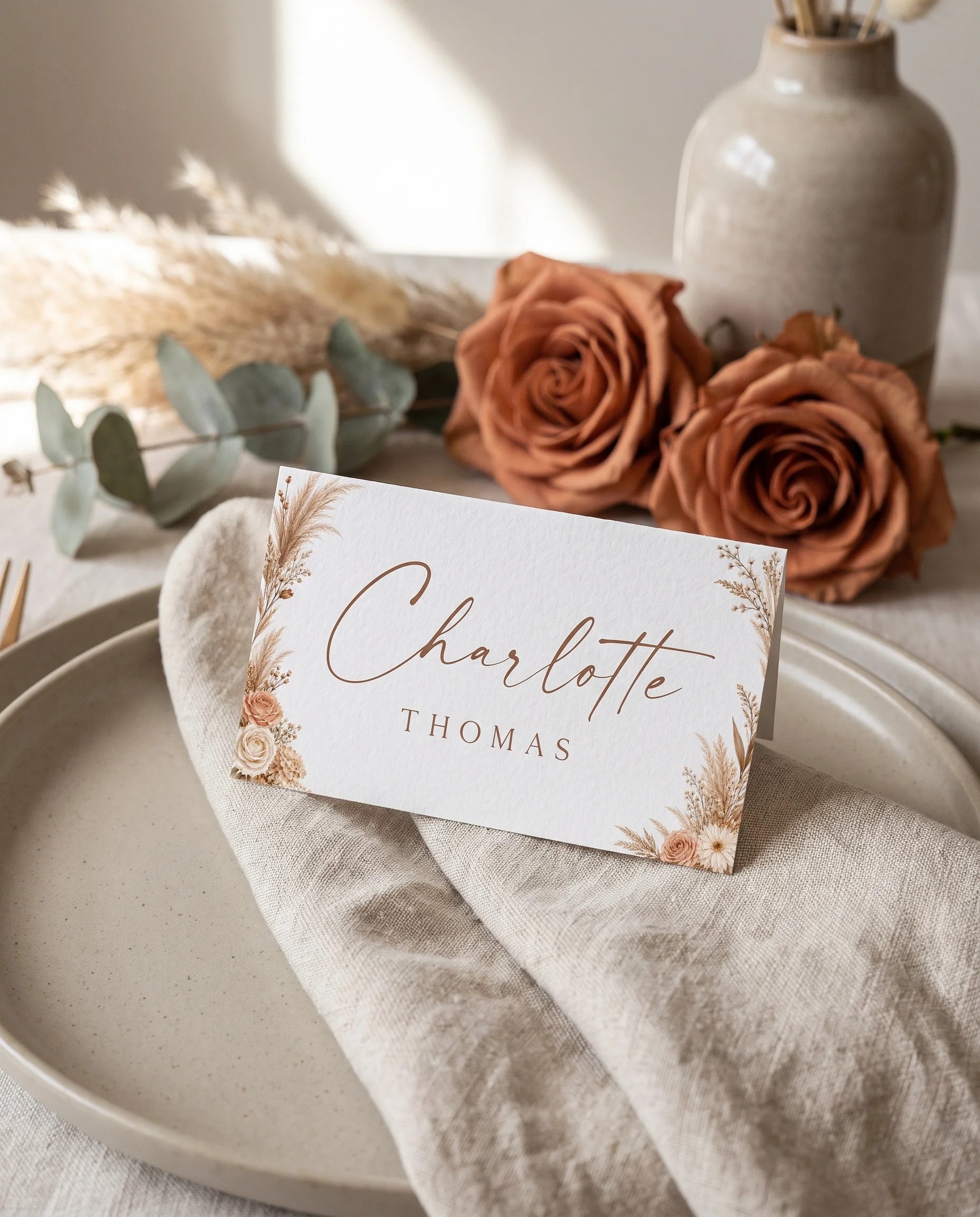 Pampas Hush wedding place cards — a single card at a set place setting under soft overhead light, wedding name cards.