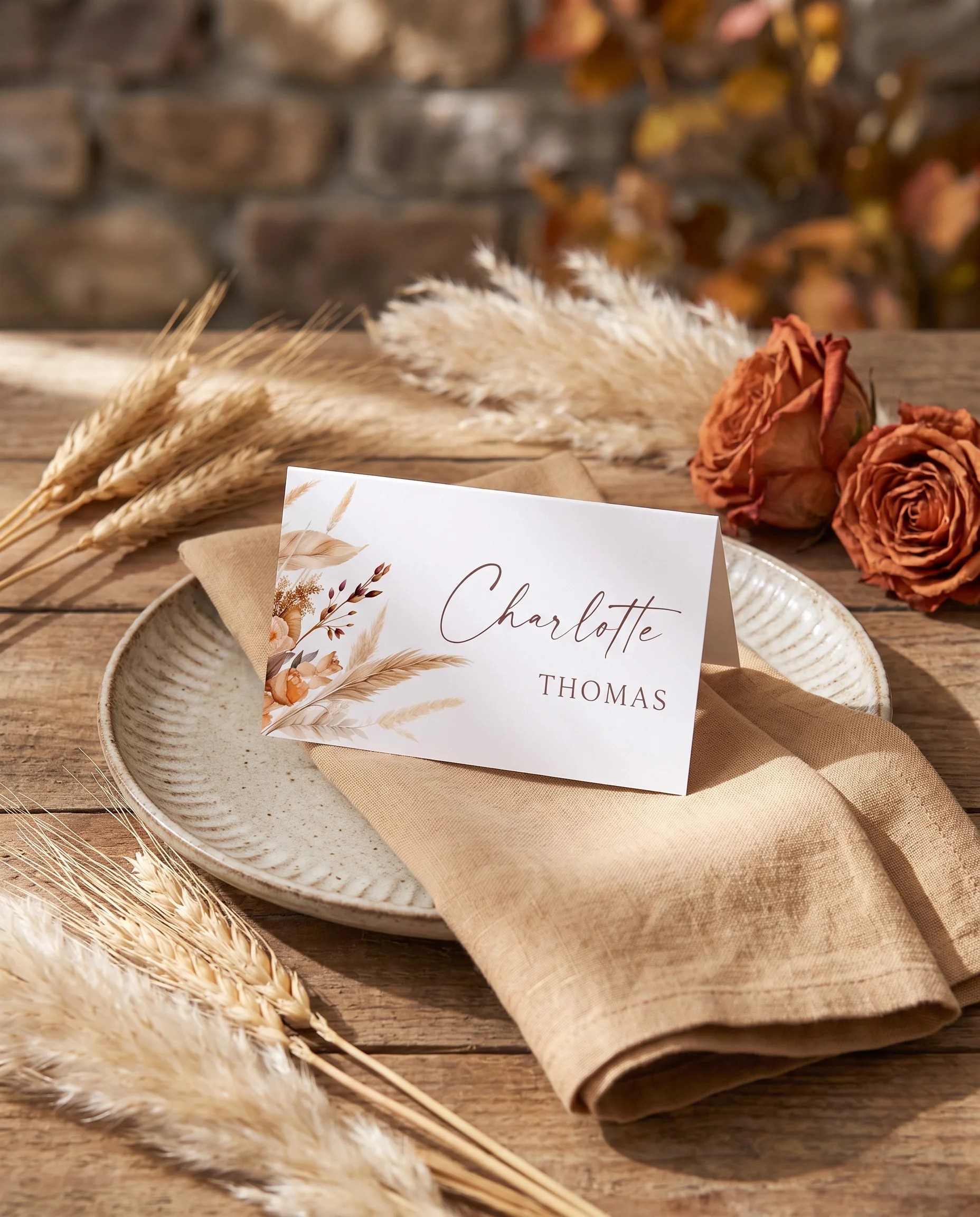 Harvest Script wedding place cards — place card shown at a set table setting under soft natural light, wedding name cards.