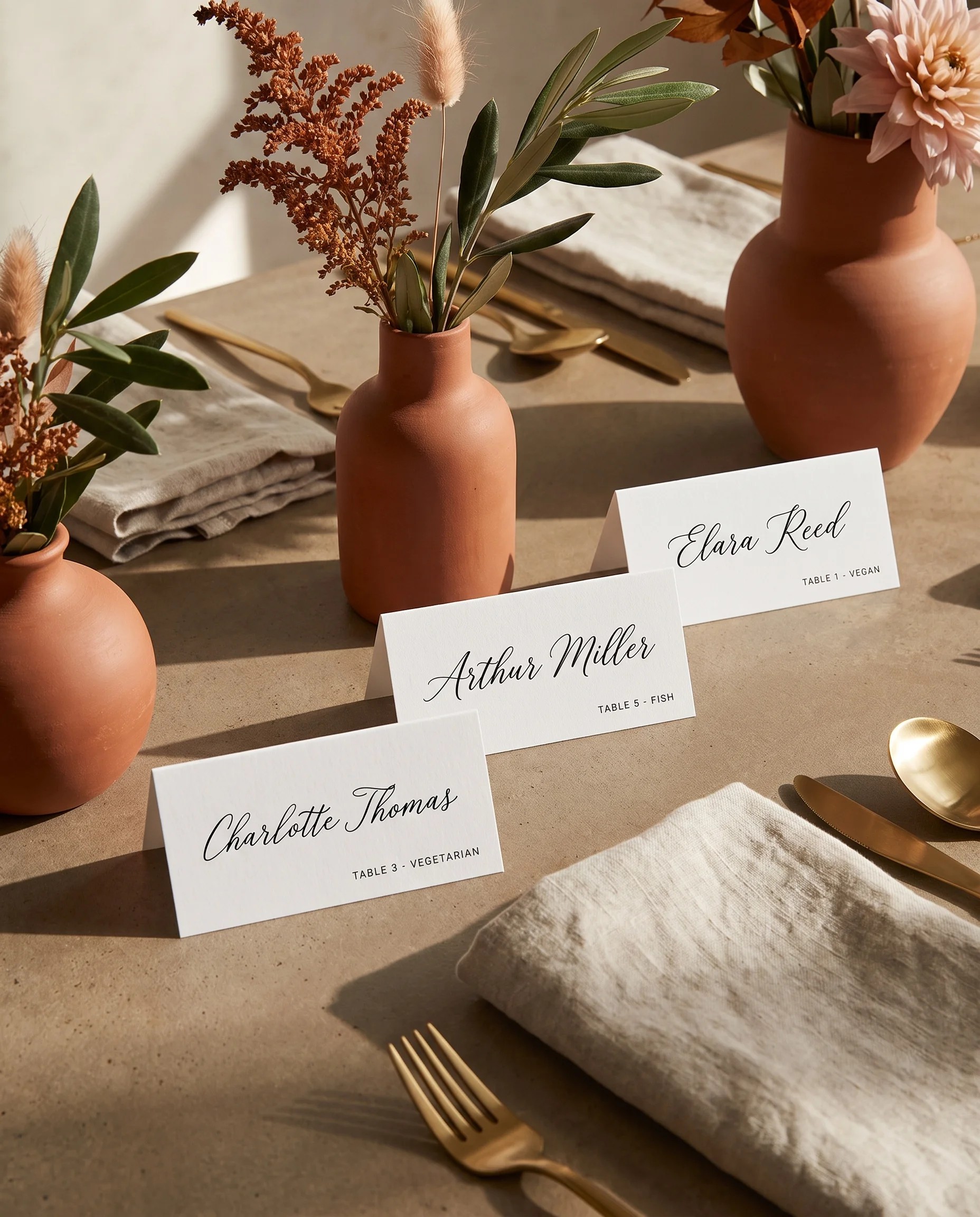 Lyris wedding place cards — cards arranged on a dressed reception table under soft natural light, place card template.