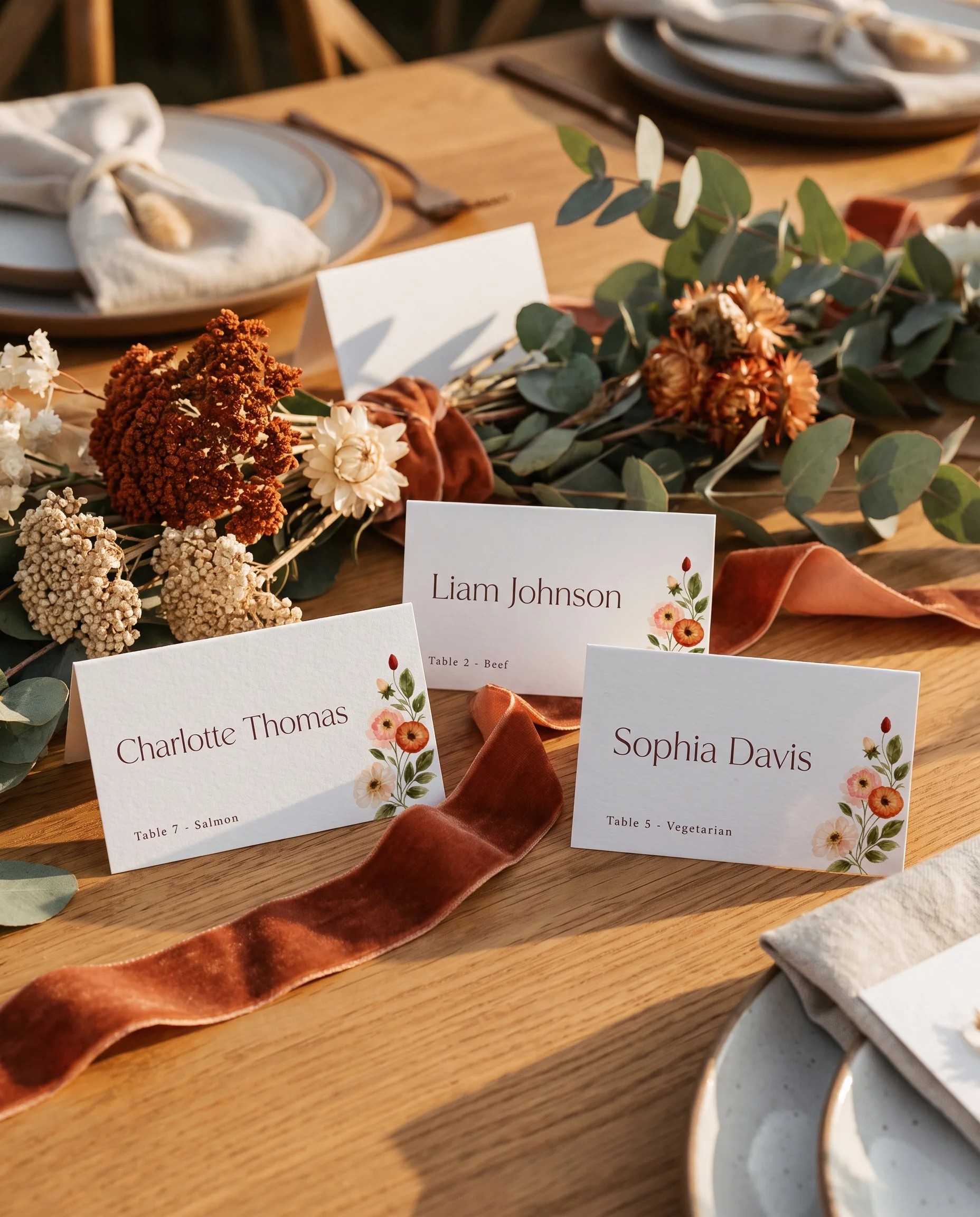 Eucalyptus Bloom wedding place cards — shown on a dressed reception table under soft overhead light, place card template.