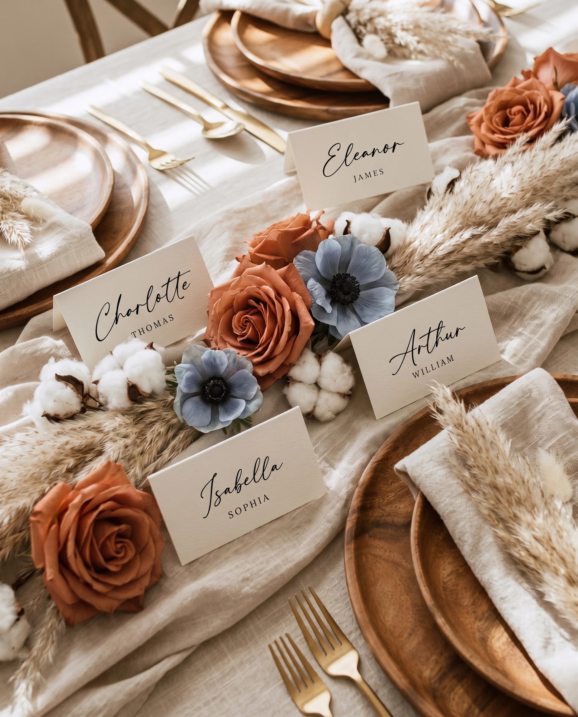 Cathedral wedding place cards — page shown on a dressed reception table under soft natural light, place card template.