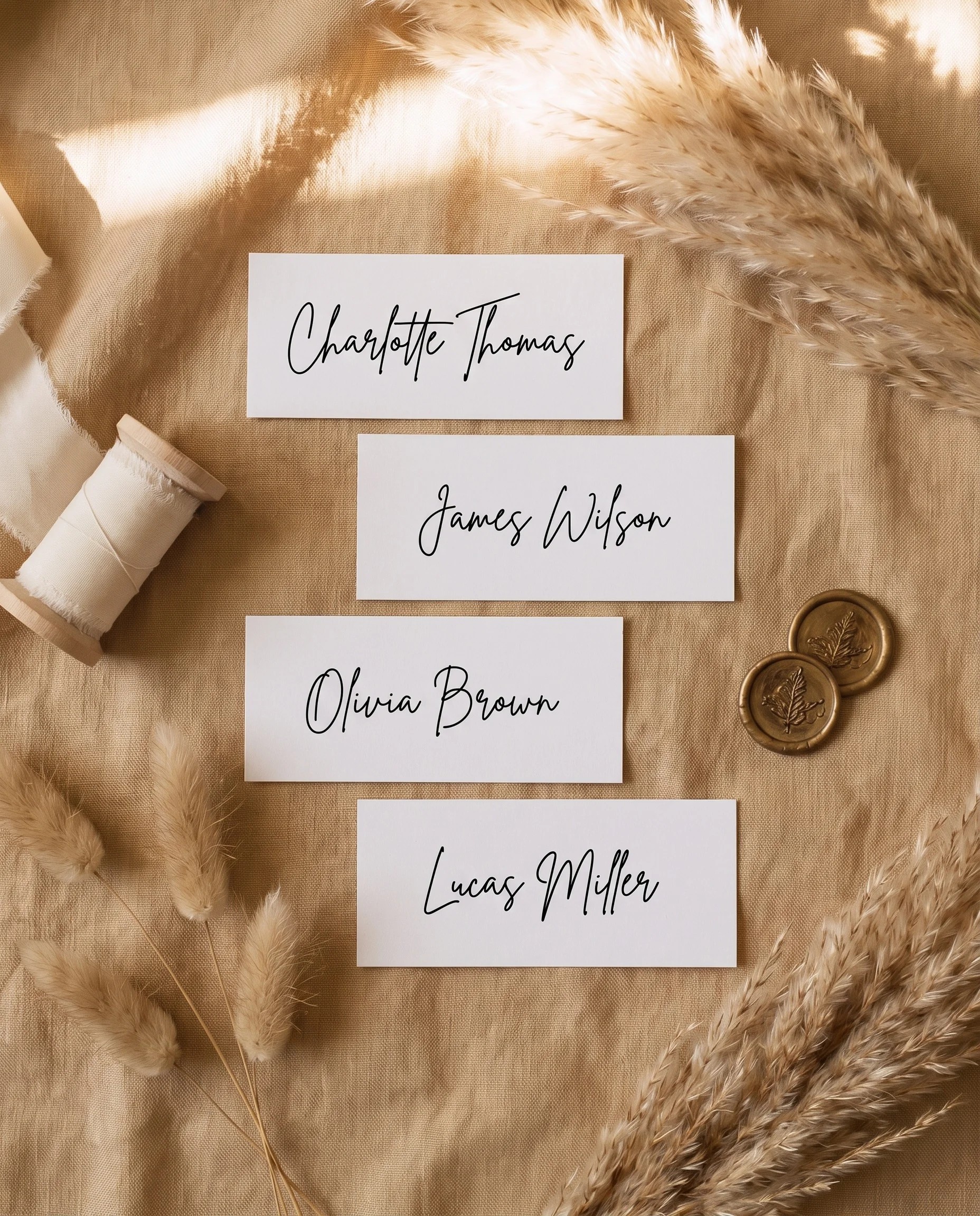 Arrowcrest wedding place cards — several place cards shown flat lay under soft natural light, wedding place cards