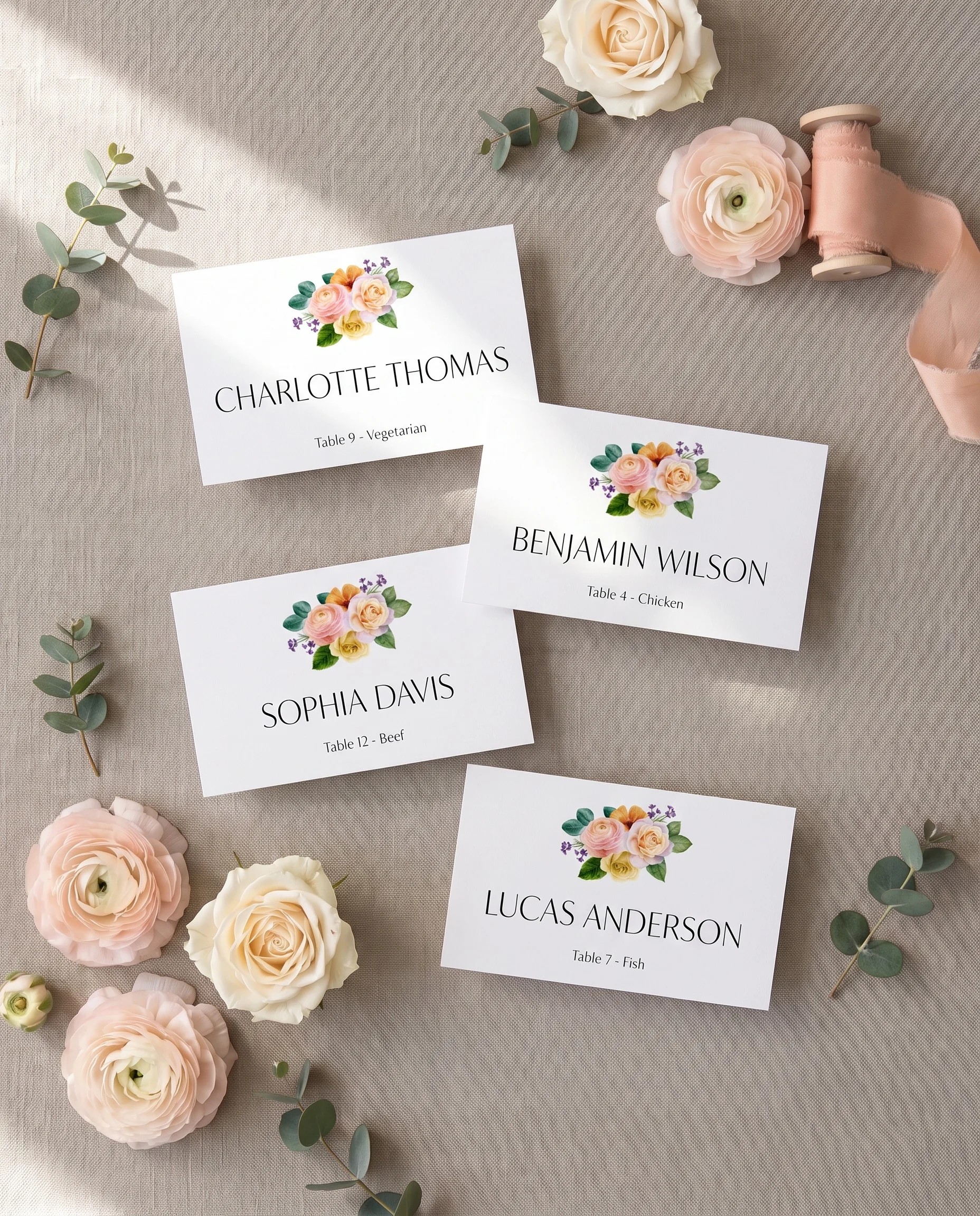 Petal Glade wedding place cards — several place cards shown flat under soft natural light on premium editorial paper, wedding place cards.