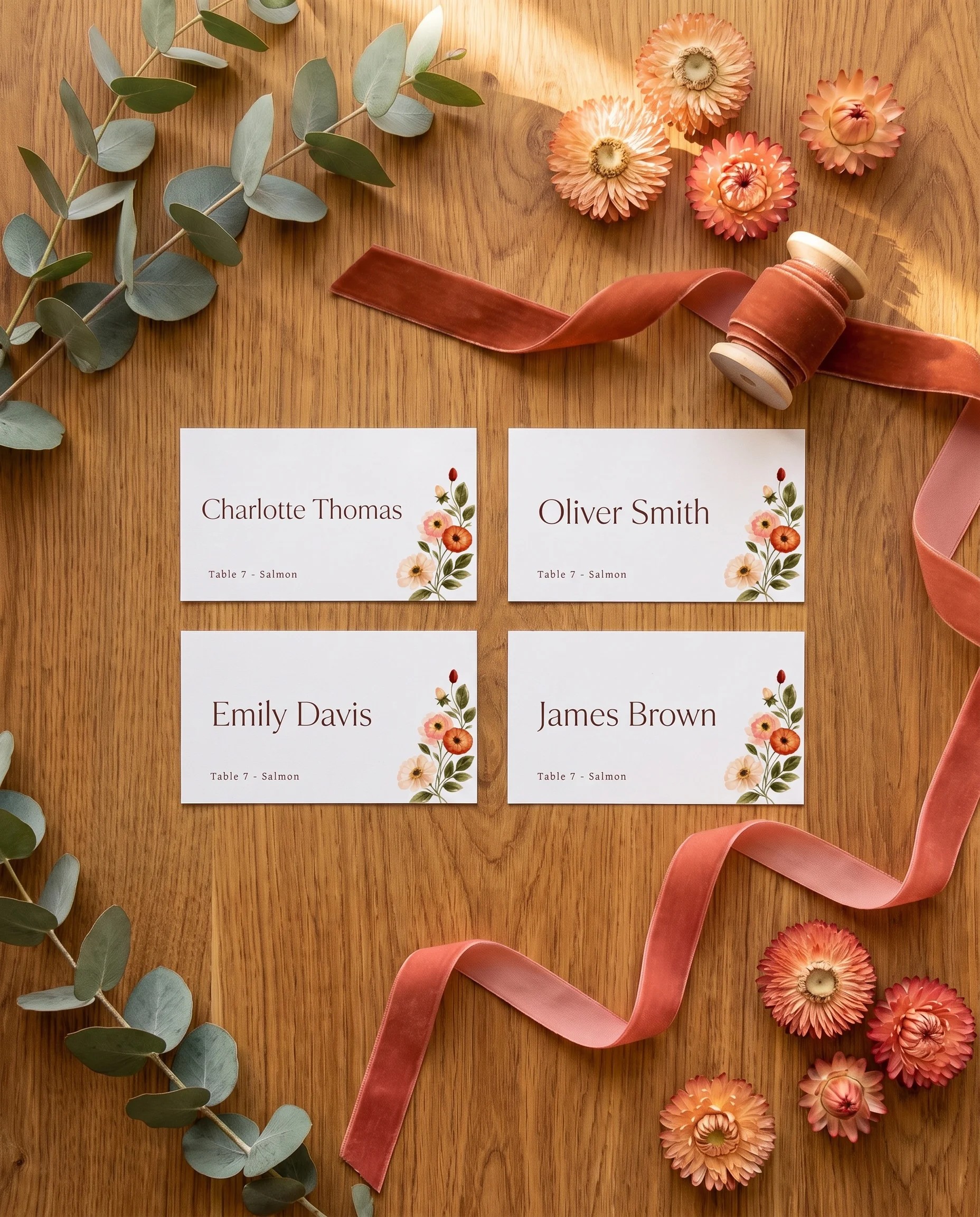 Eucalyptus Bloom wedding place cards — several place cards shown flat under soft overhead light, wedding place cards