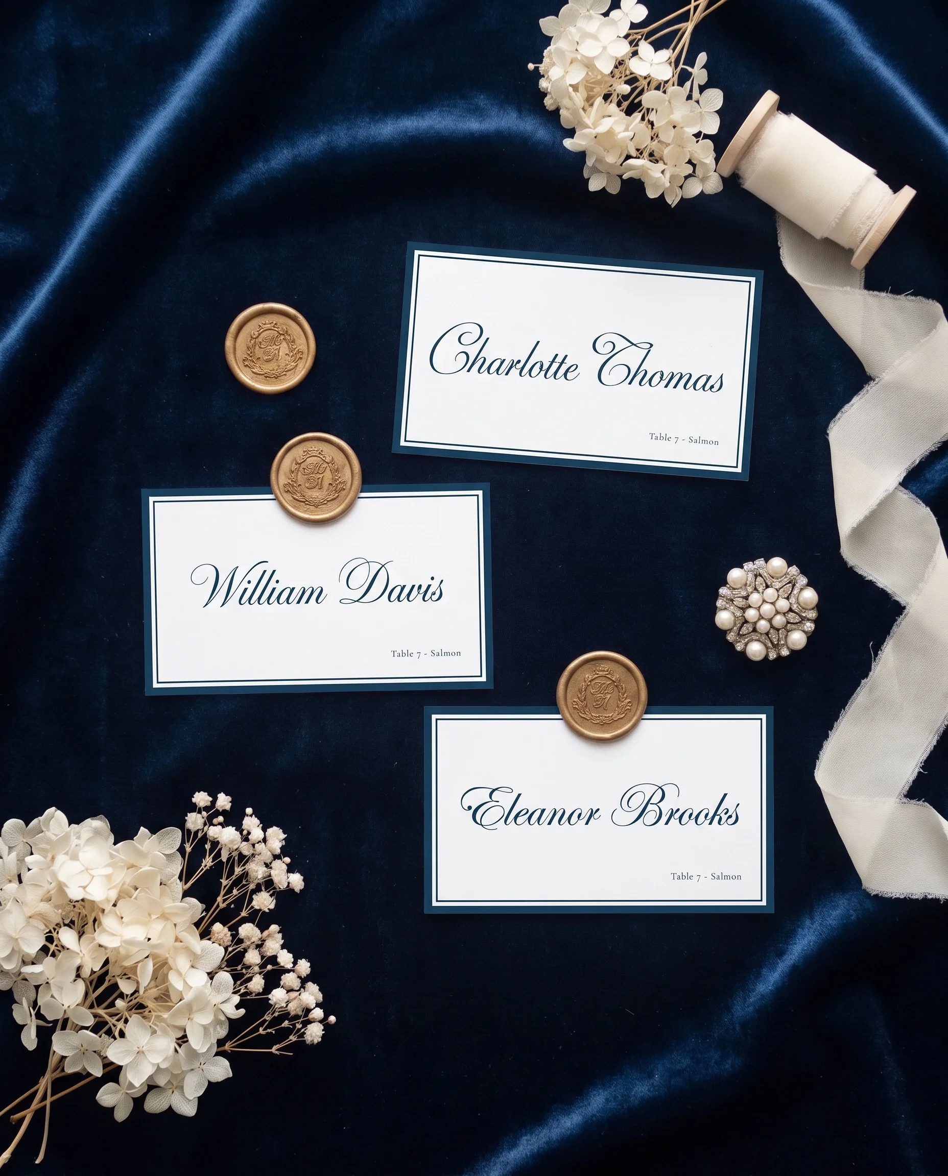 Windsor Crown wedding place cards — several place cards shown flat under soft natural light, wedding place cards.