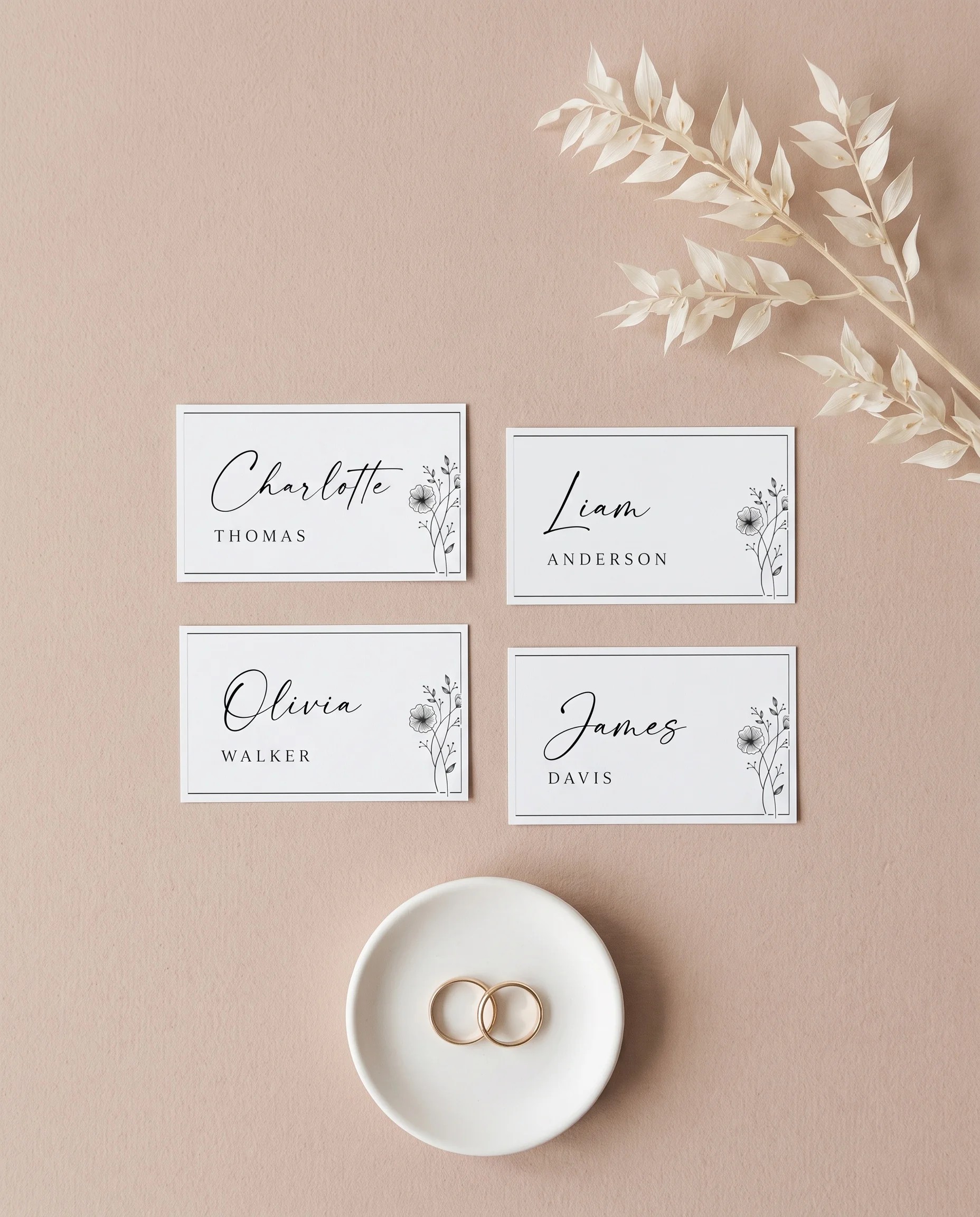 Hush Bloom wedding place cards — several place cards shown flat under soft natural light, wedding place cards