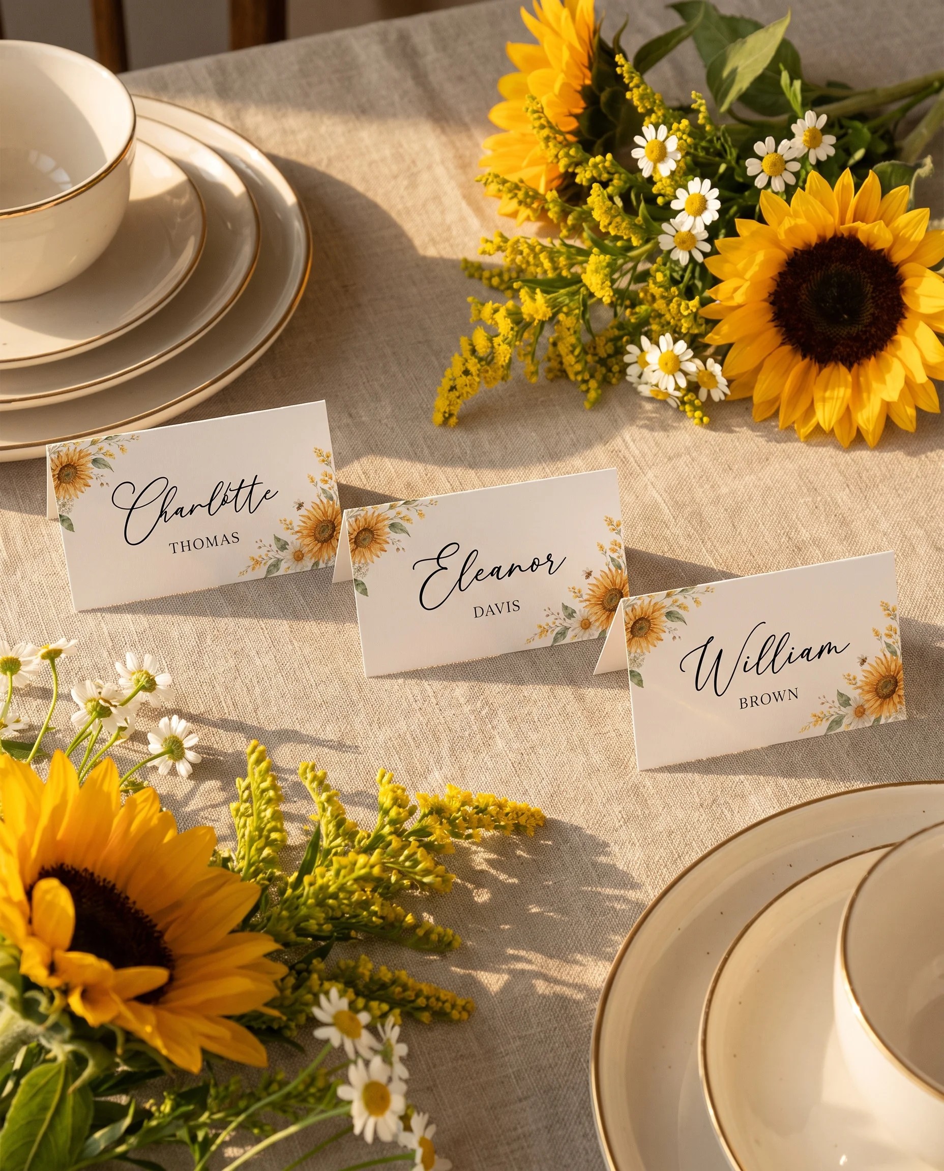 Honeyfield wedding place cards — cards arranged on a dressed reception table under soft natural light, place card template