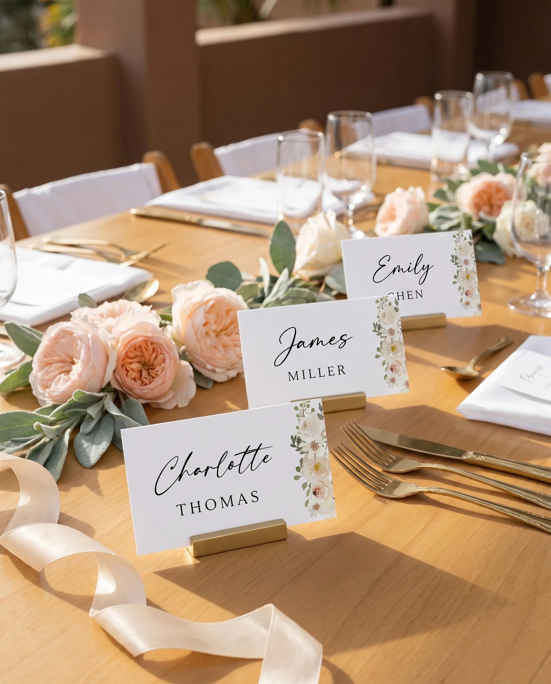 Seraphine wedding place cards — several place cards arranged on a dressed reception table under soft natural light, place card template.