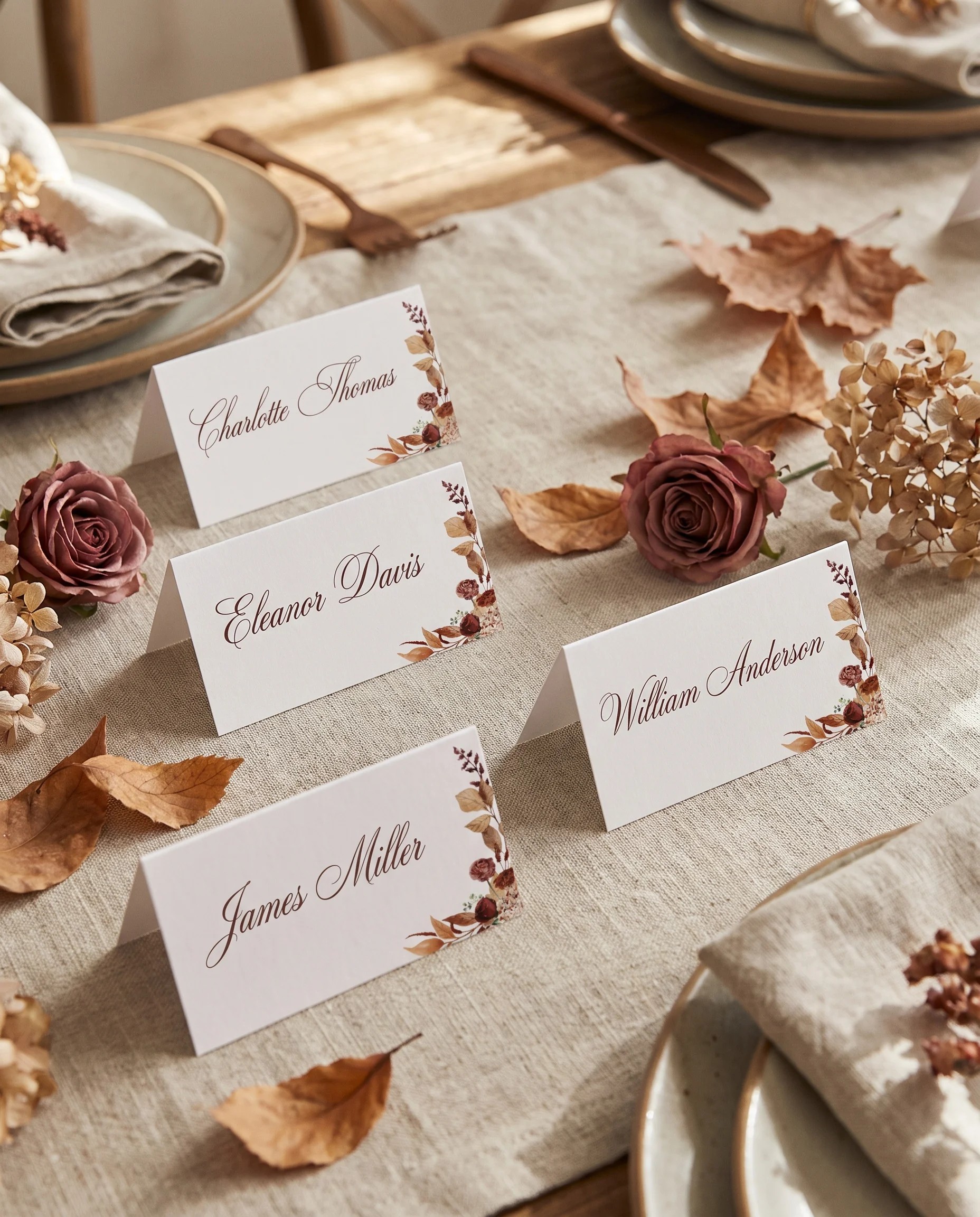 Bramble Row wedding place cards — several cards arranged on a dressed reception table under soft natural light, place card template