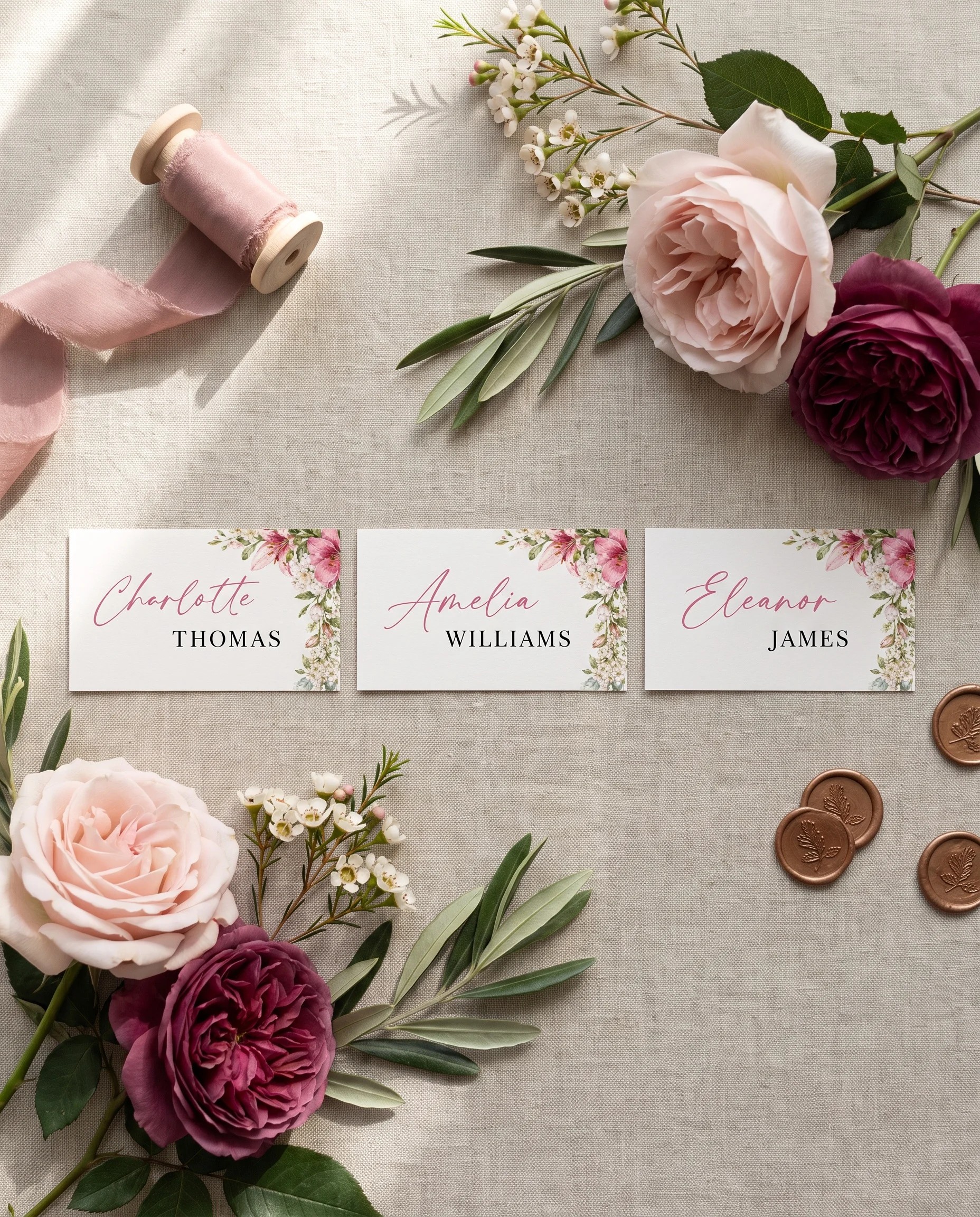 Rosevale wedding place cards — flat lay of several place cards on premium paper under soft natural light, wedding place cards