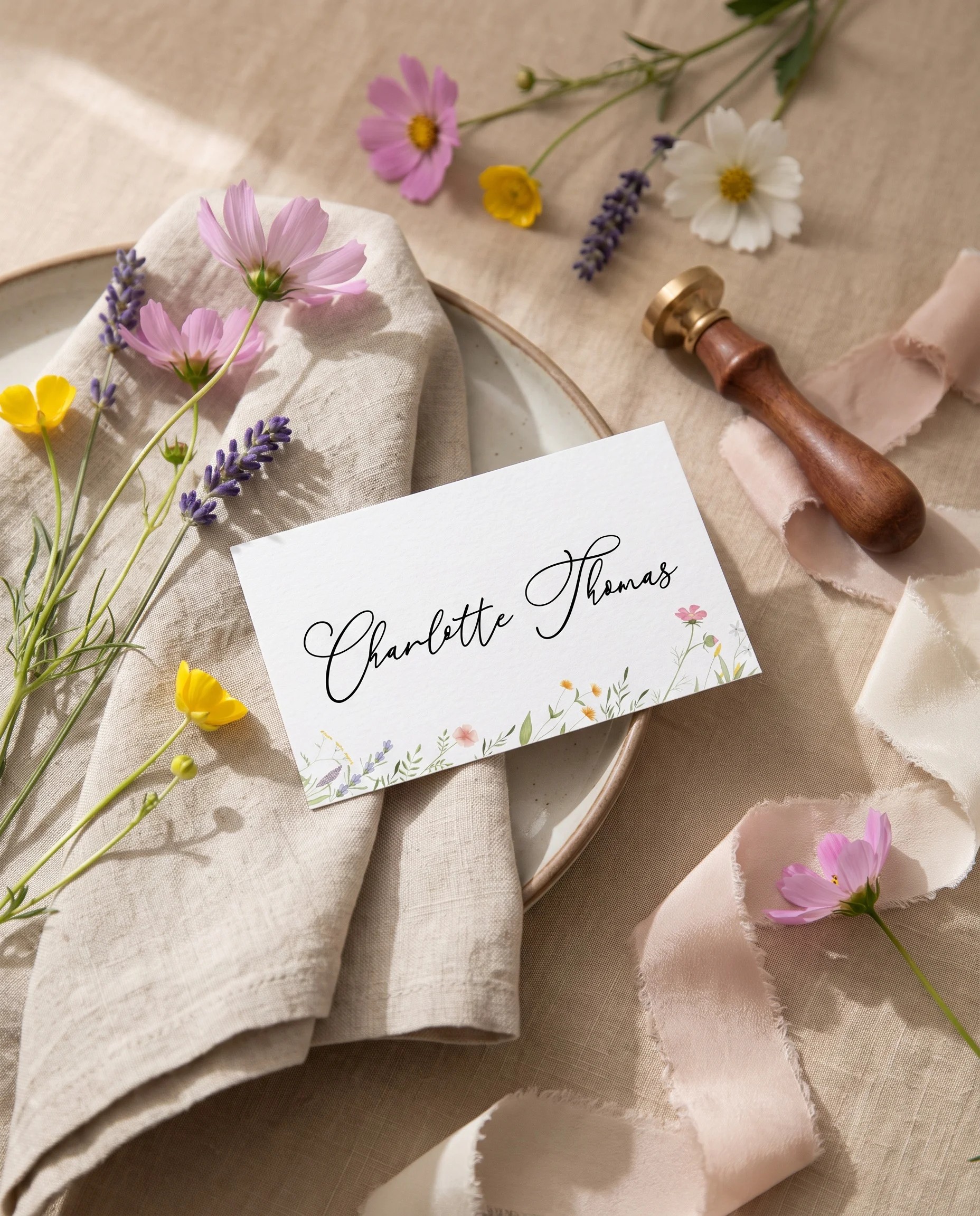 Floret Veil wedding place cards — a single place card shown at a set place setting in soft overhead light, wedding name cards.