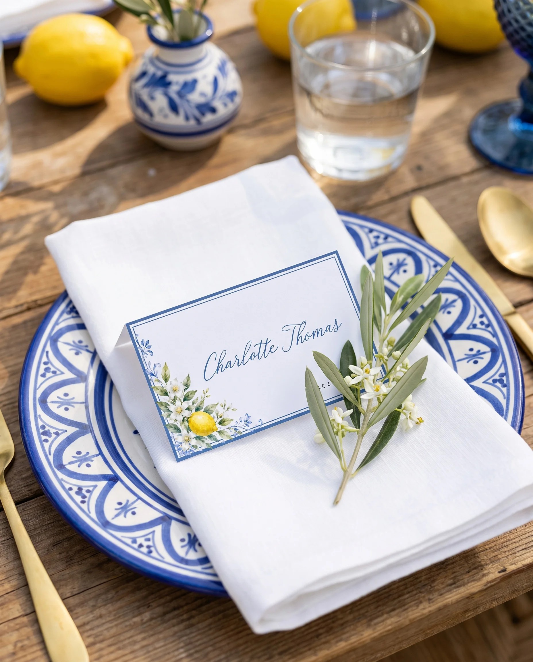 Amalfi Grove wedding place cards — a single place card shown at a set place setting under soft natural light, wedding name cards.
