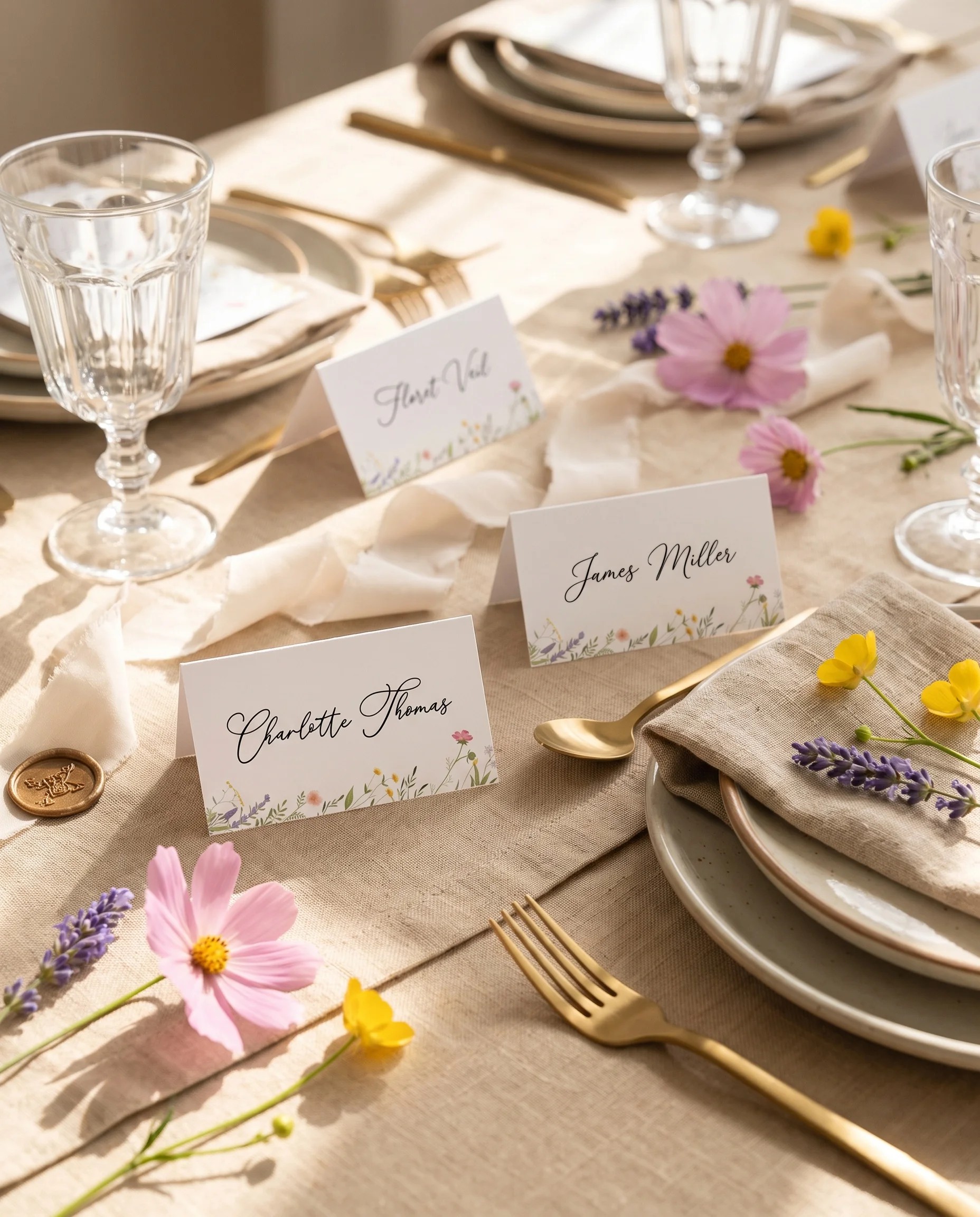 Floret Veil wedding place cards — several place cards arranged on a dressed reception table under soft natural light, place card template