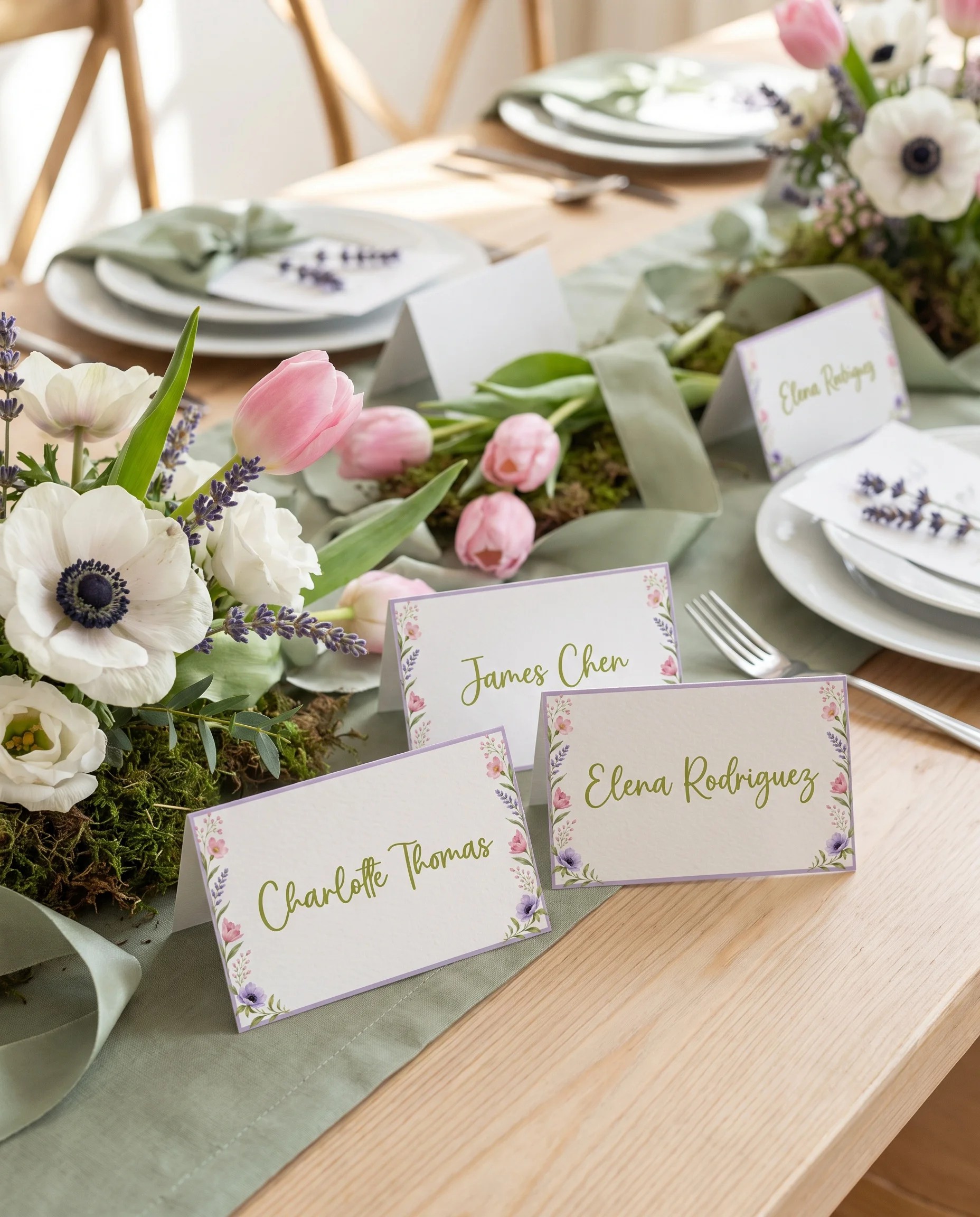 Anemone Toast wedding place cards — several place cards arranged on a dressed reception table under soft natural light, place card template.