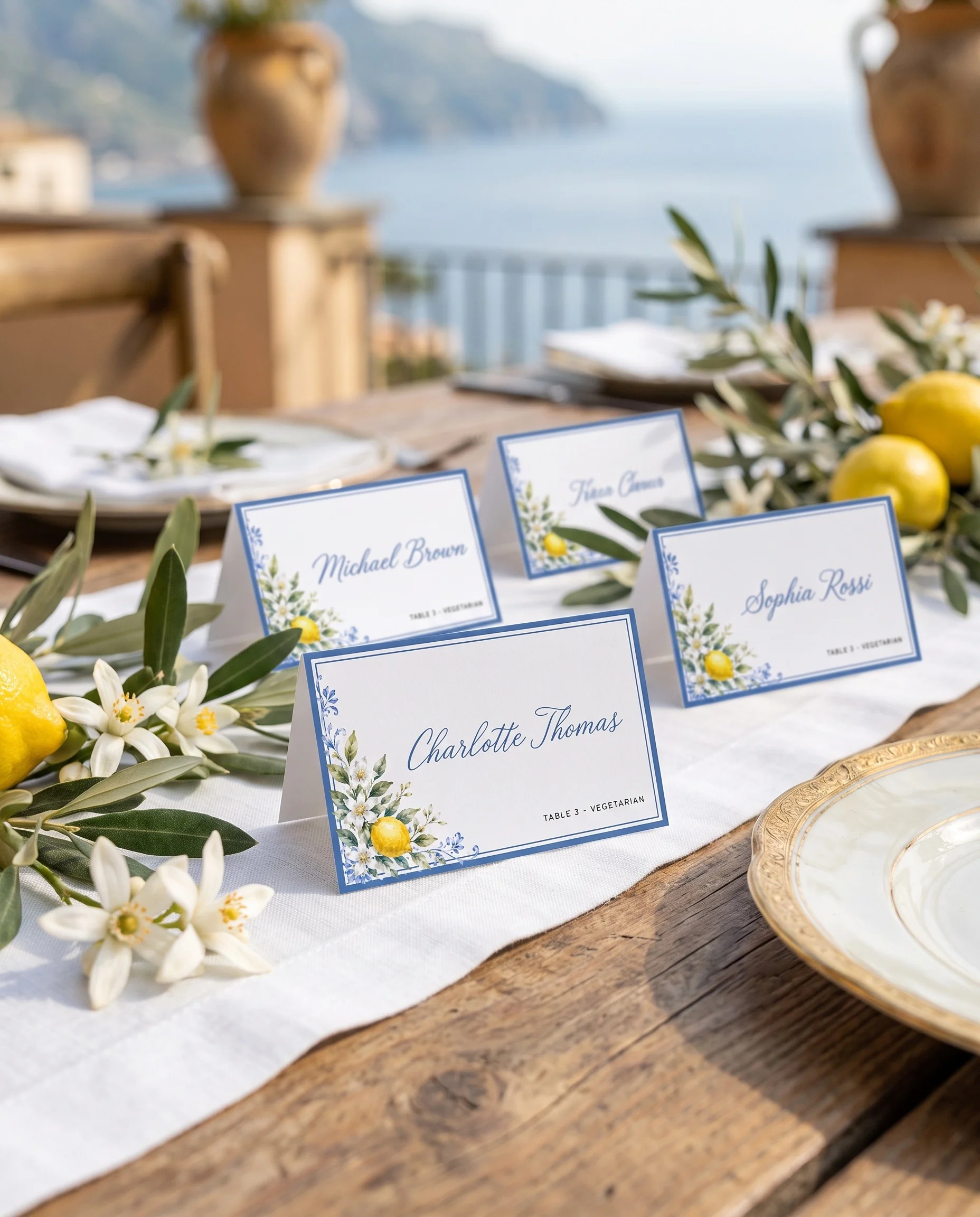 Amalfi Grove wedding place cards — place cards arranged on a dressed reception table under soft natural light, place card template.