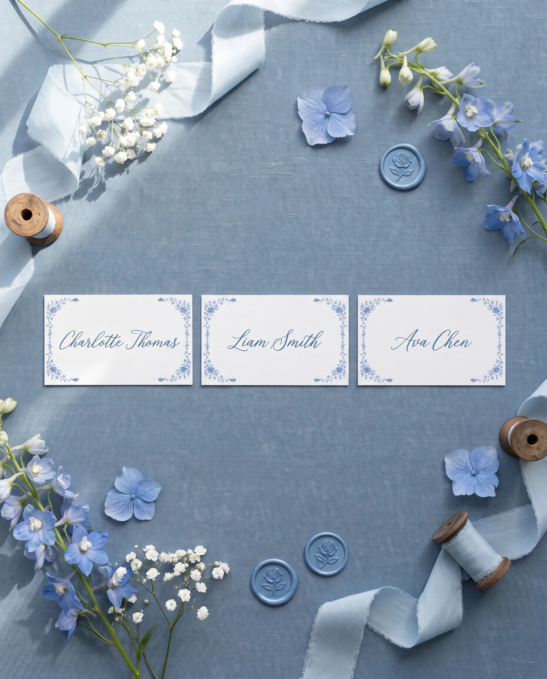 Blue Heron wedding place cards — several place cards shown flat under soft natural light on premium editorial paper, wedding place cards.