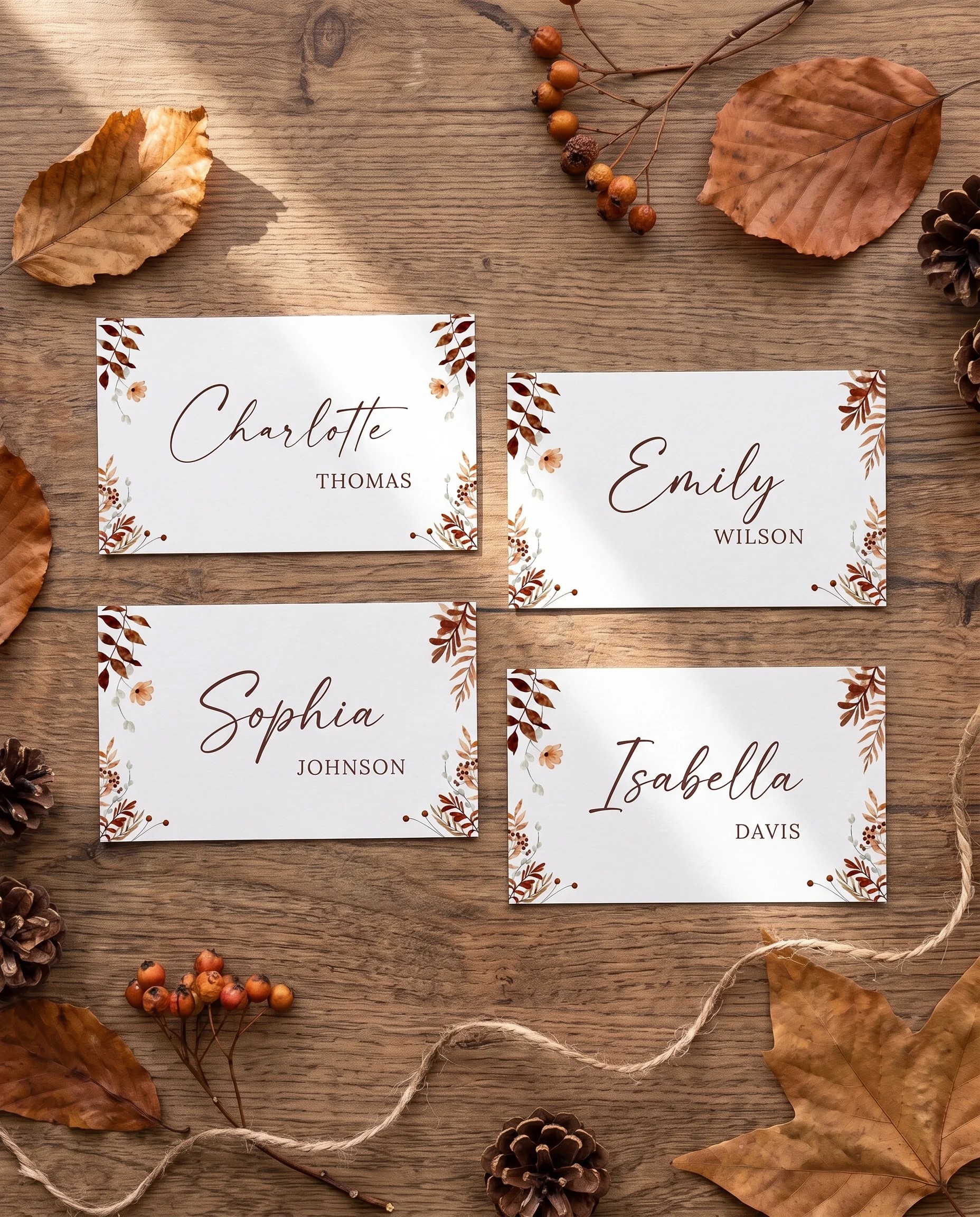 Autumn Bower wedding place cards — several cards shown flat under soft natural light on premium editorial paper, wedding place cards.