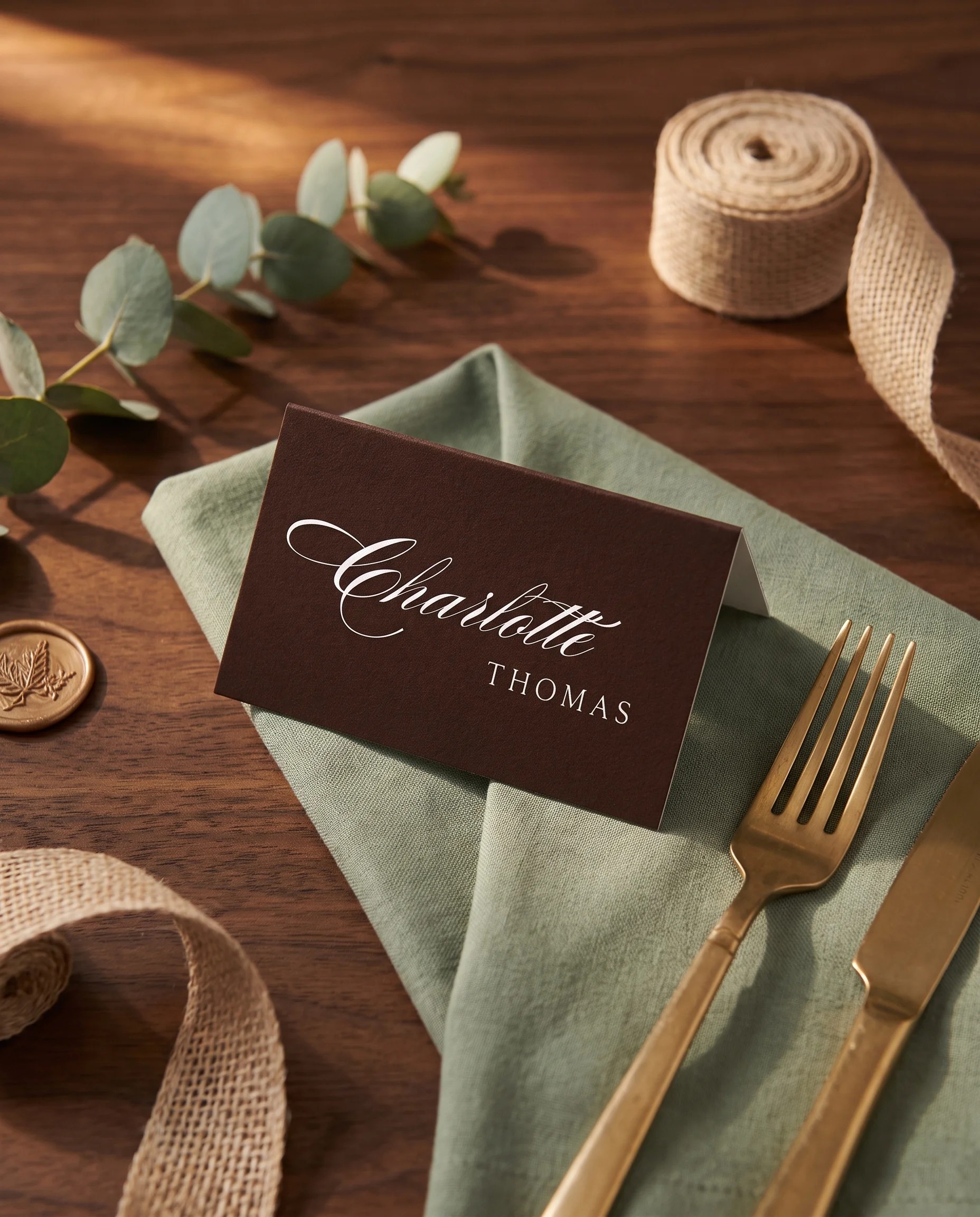 Velour wedding place cards — a single place card displayed at a set place setting under soft natural light, wedding name cards.