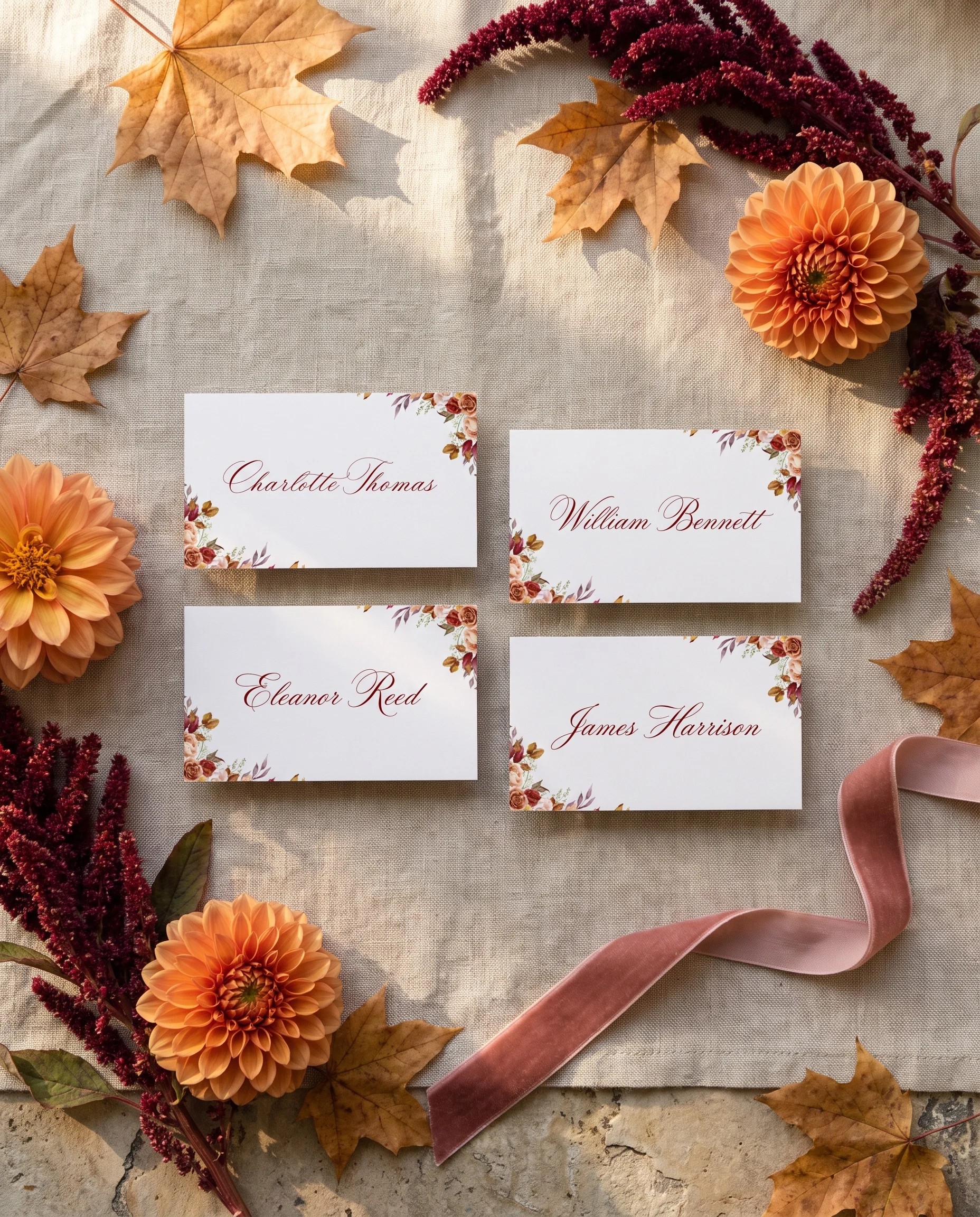 Autumn Blush wedding place cards — several place cards shown flat under soft natural light with a slight overhead angle, wedding place cards.