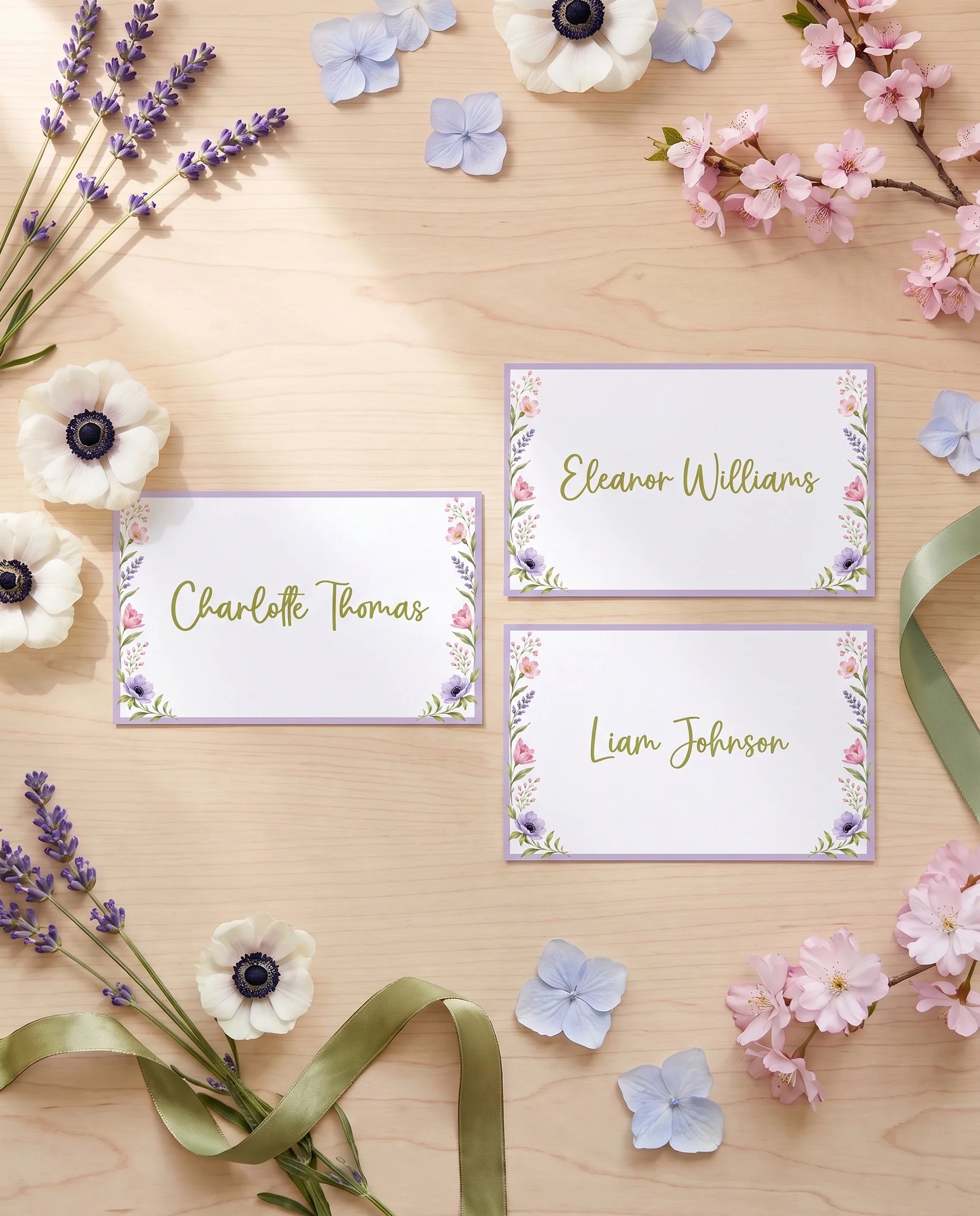 Anemone Toast wedding place cards — several place cards shown flat under soft overhead light, wedding place cards.
