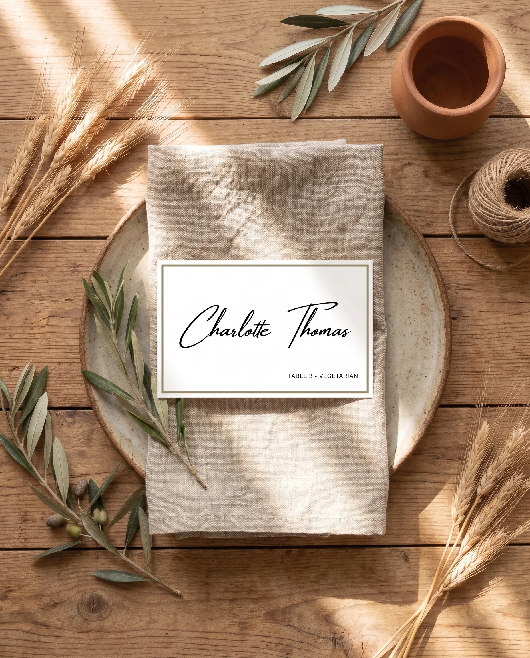 Golden Vale wedding place cards — a single card displayed at a table place setting under soft natural light, wedding name cards.