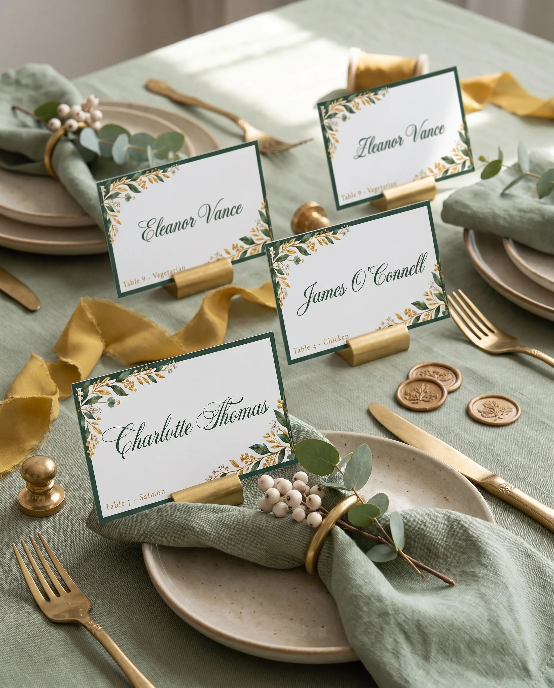 Gilded Foliage wedding place cards — several cards arranged on a dressed reception table under soft natural light, place card template.