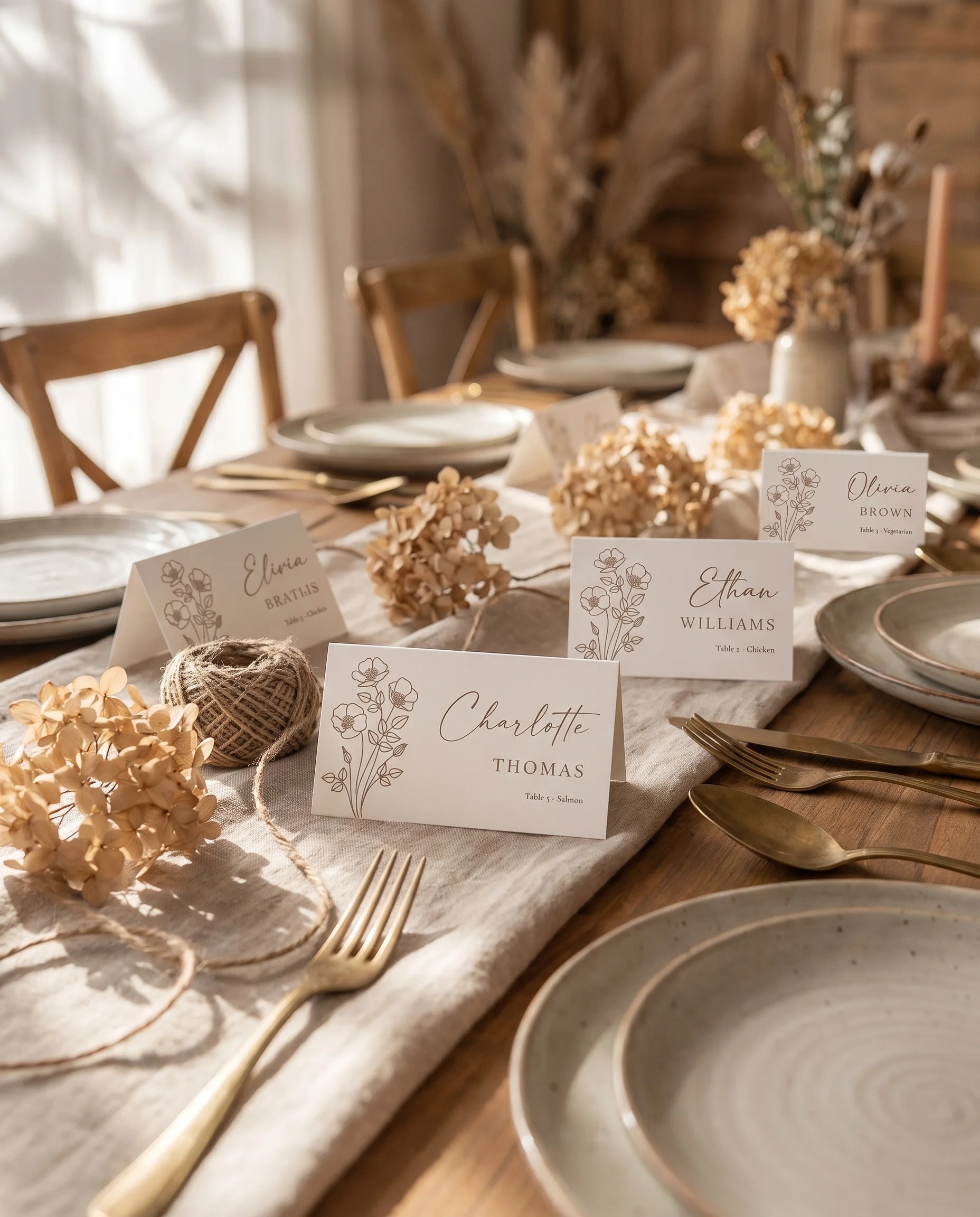 Anemora wedding place cards — displayed on a dressed reception table under soft natural light, place card template