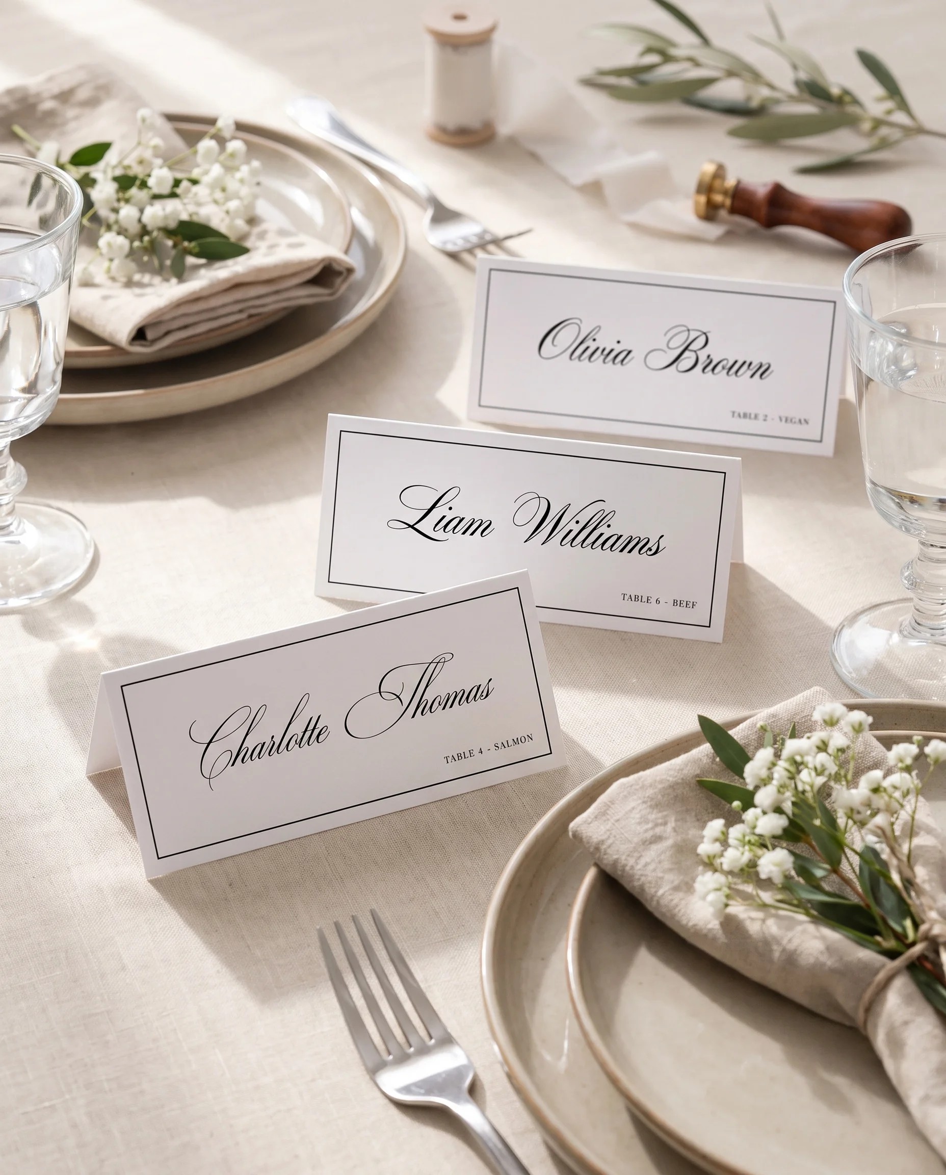 Crestline wedding place cards — place cards arranged on a dressed reception table under soft natural light, place card template.