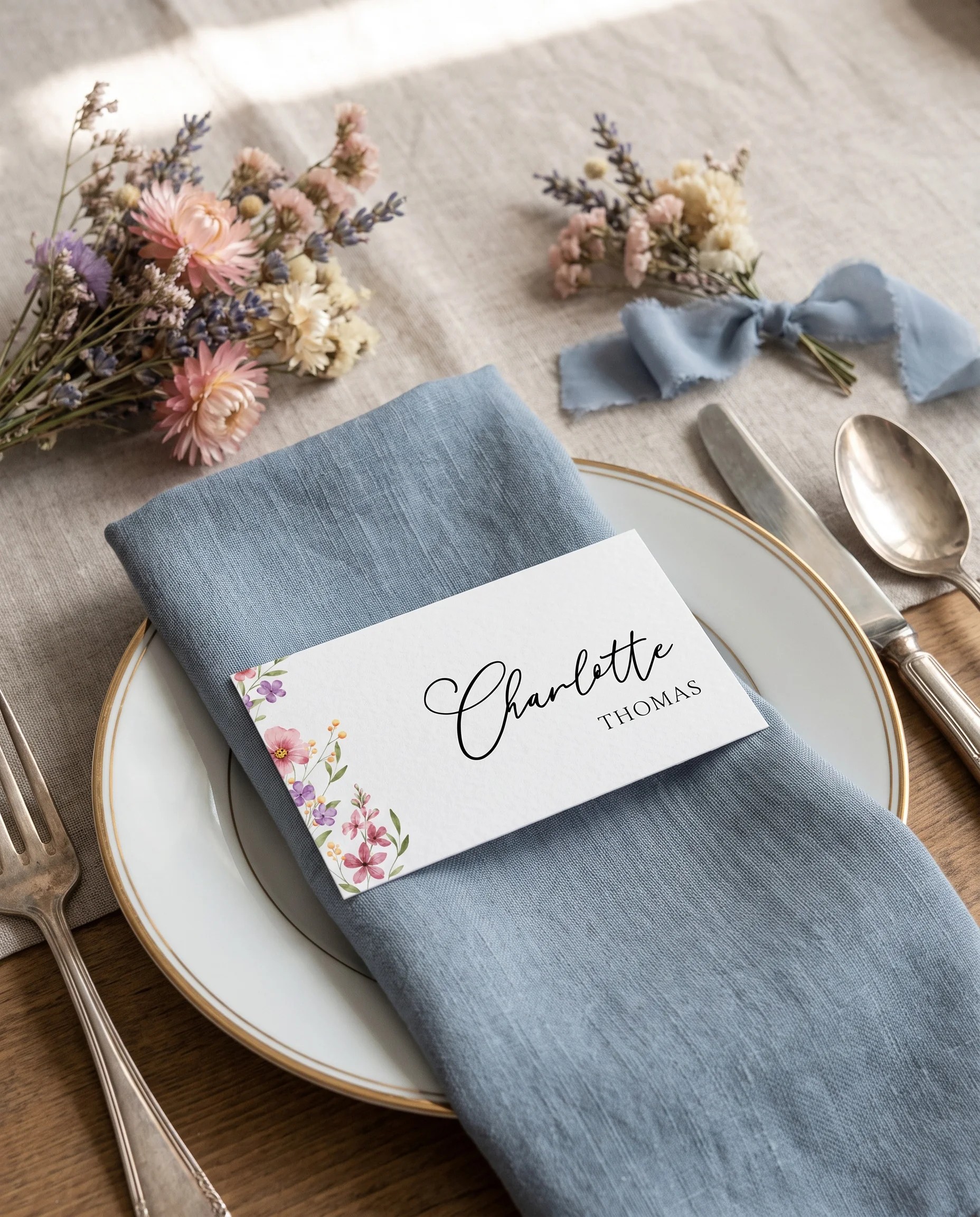 Meadowlark wedding place cards — a single place card displayed at a set place setting under soft natural light, wedding name cards.