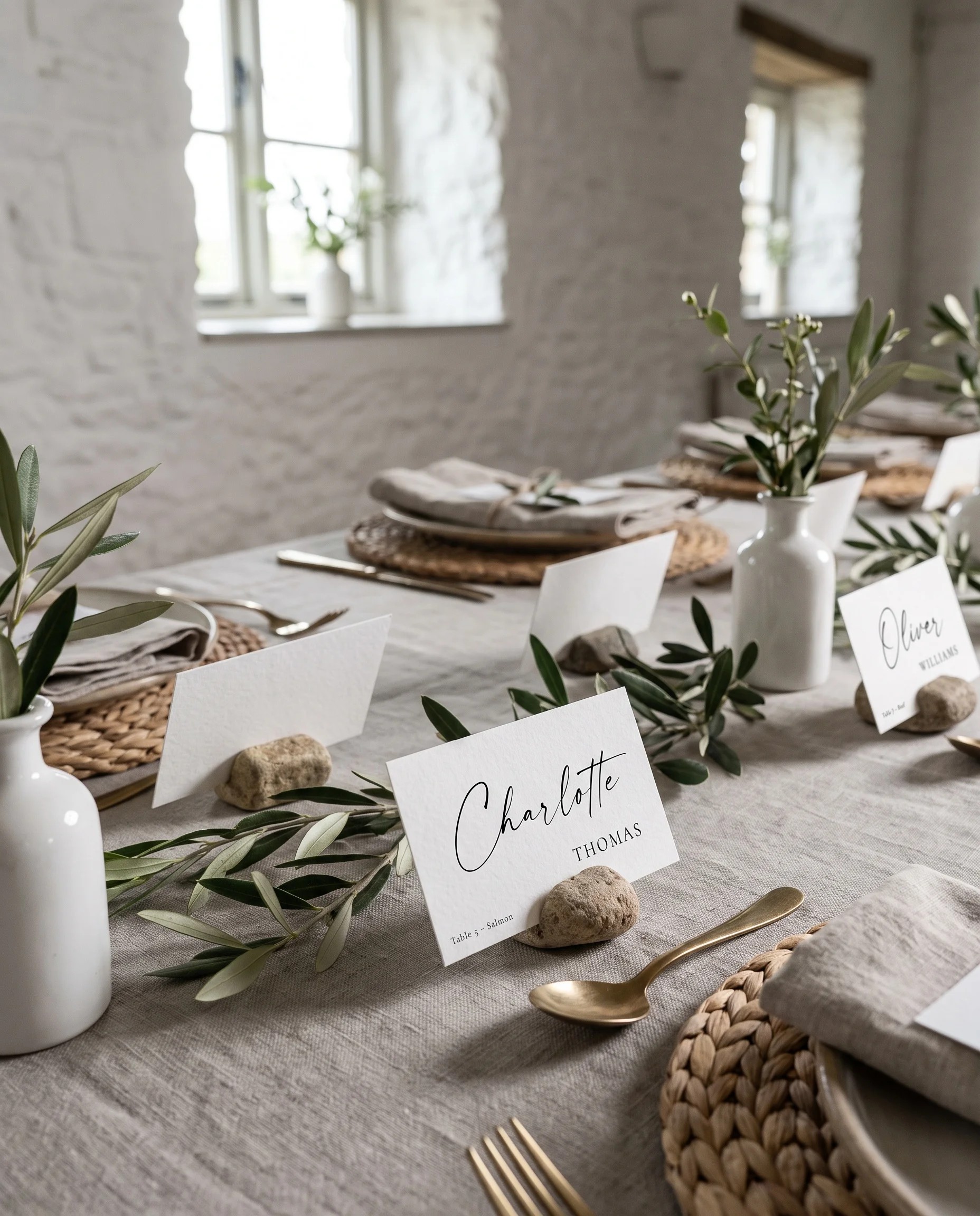 Liminal wedding place cards — arranged on a dressed reception table under soft natural light, place card template.