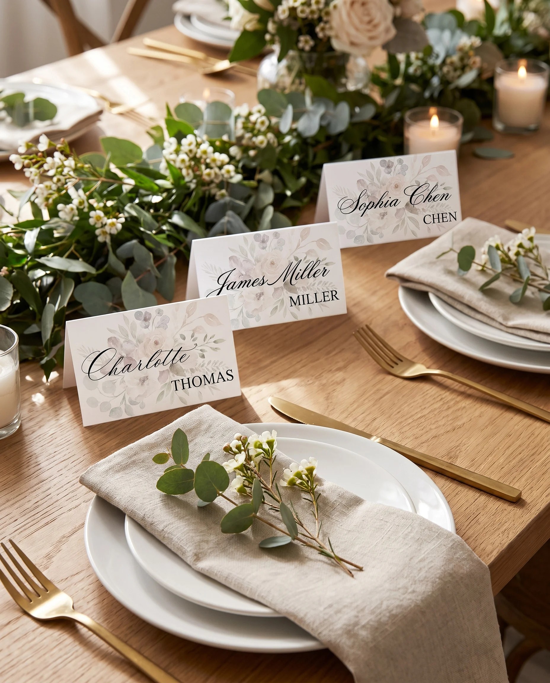 Meadow Veil wedding place cards — several cards arranged on a dressed reception table under soft natural light, place card template.