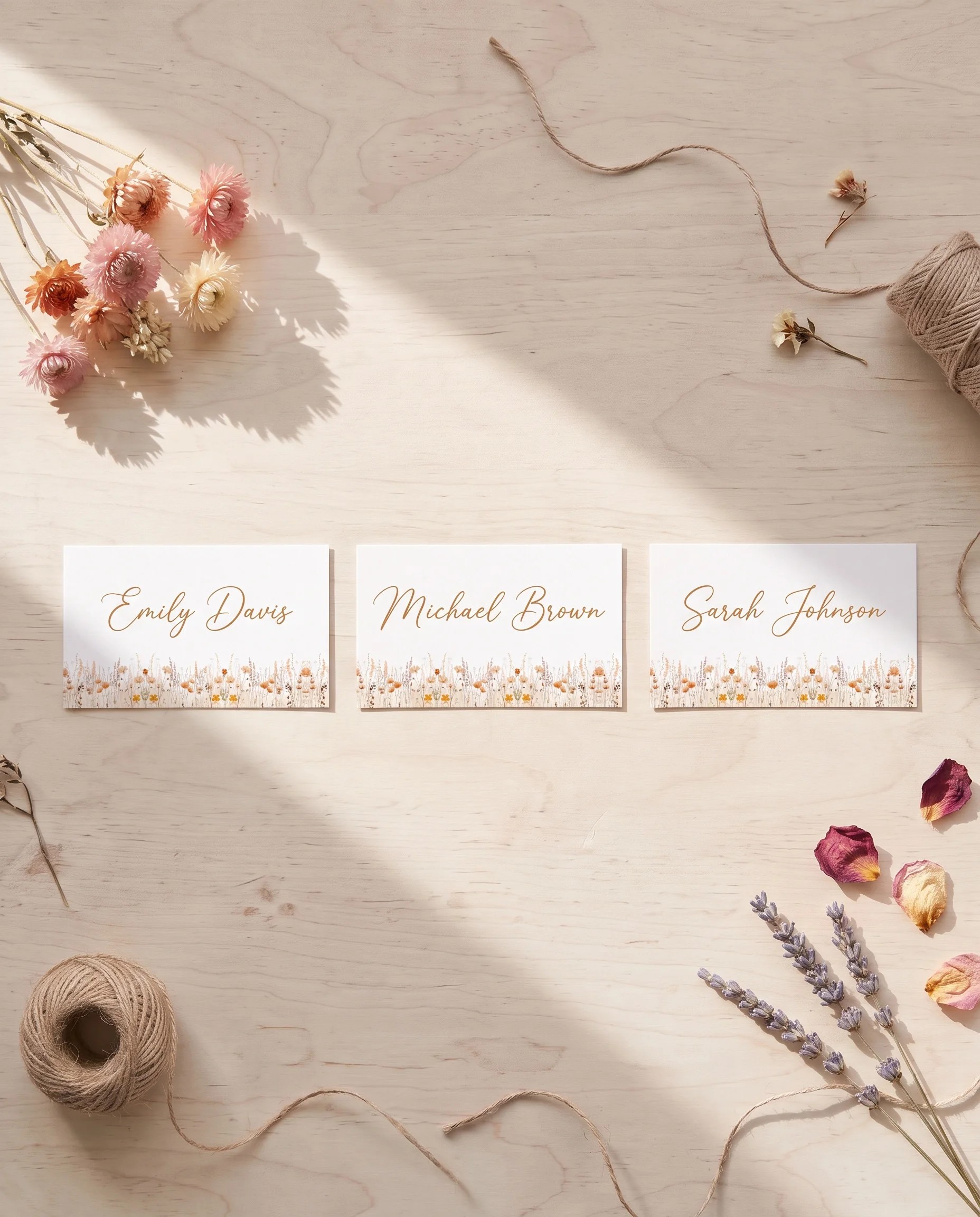Amber Meadow wedding place cards — several place cards shown flat under soft natural light, wedding place cards.