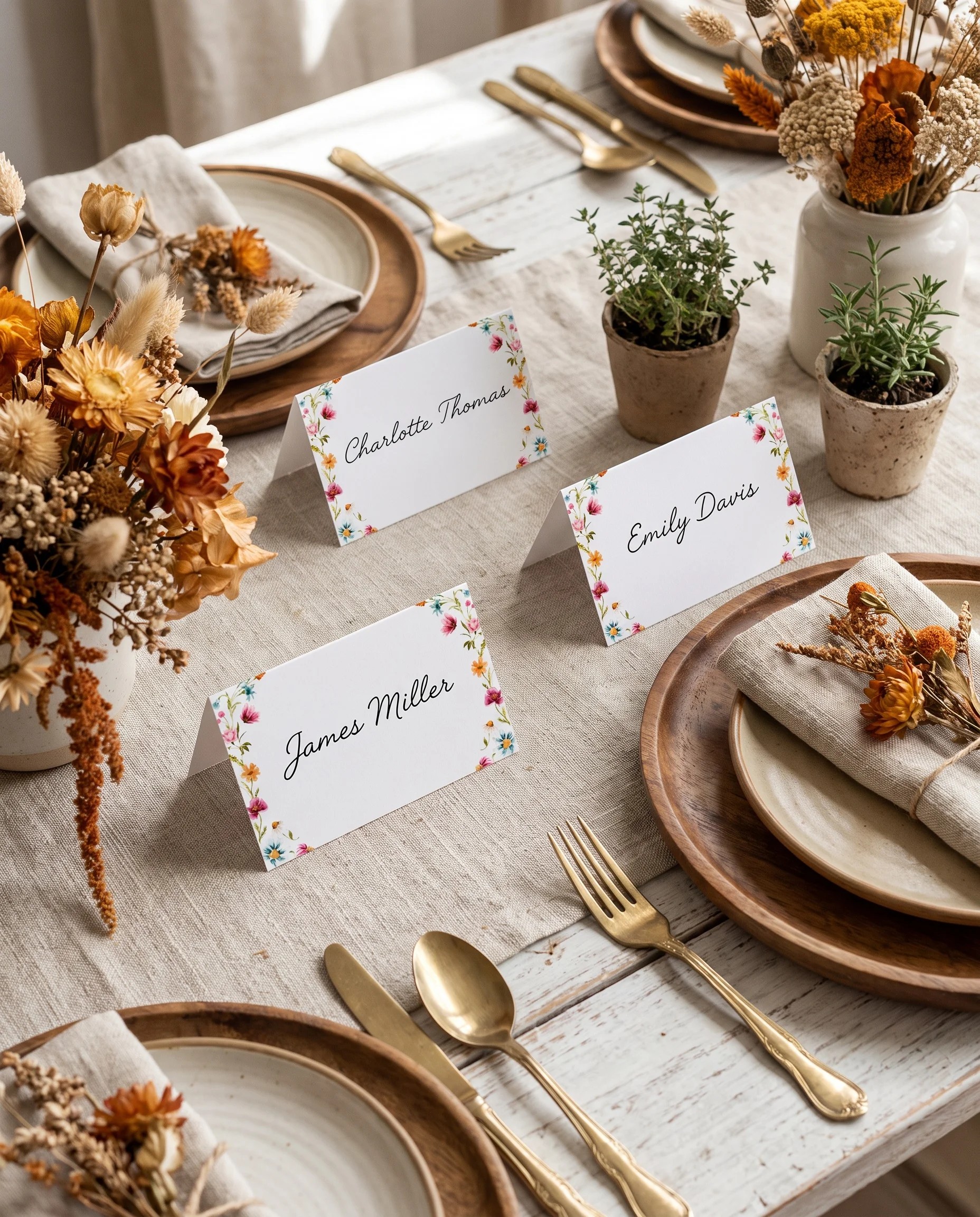 Meadow Ring wedding place cards — several cards arranged on a dressed reception table under soft natural light, place card template