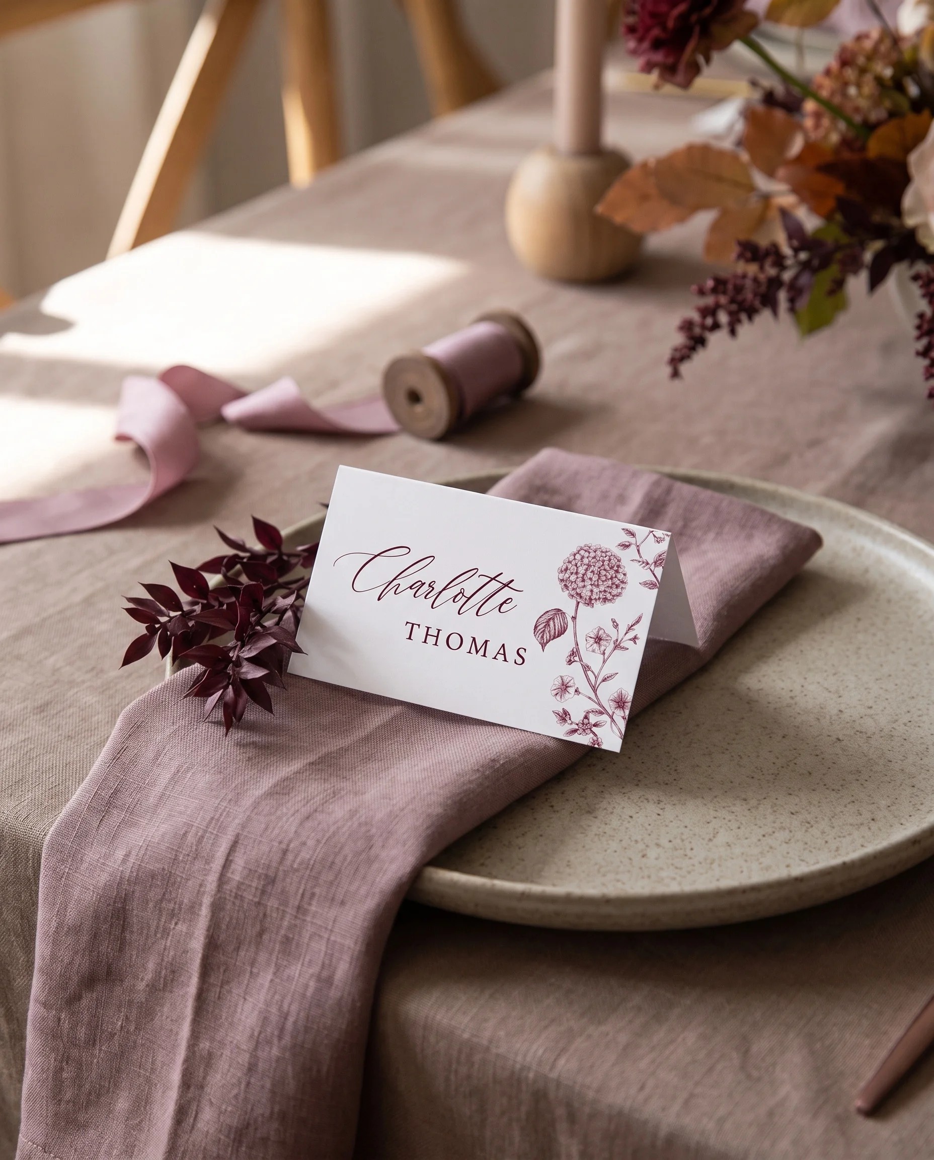 Chantilly wedding place cards — a single card displayed at a table setting under soft natural light, wedding name cards.
