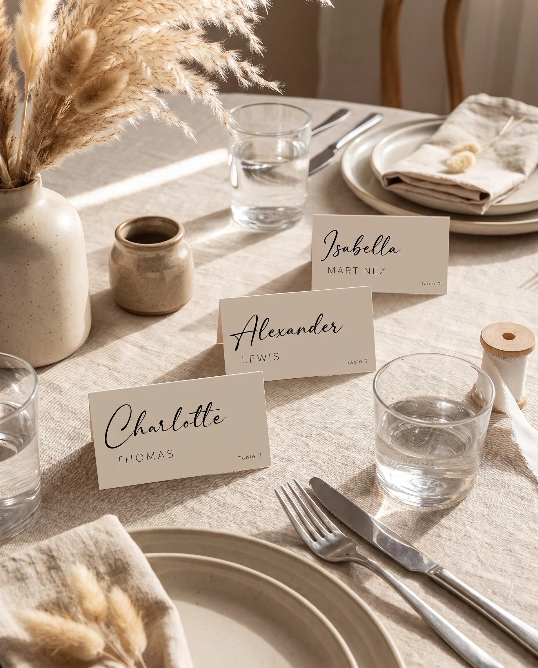 Tassel Arc wedding place cards — several place cards arranged on a dressed reception table under soft natural light, place card template.