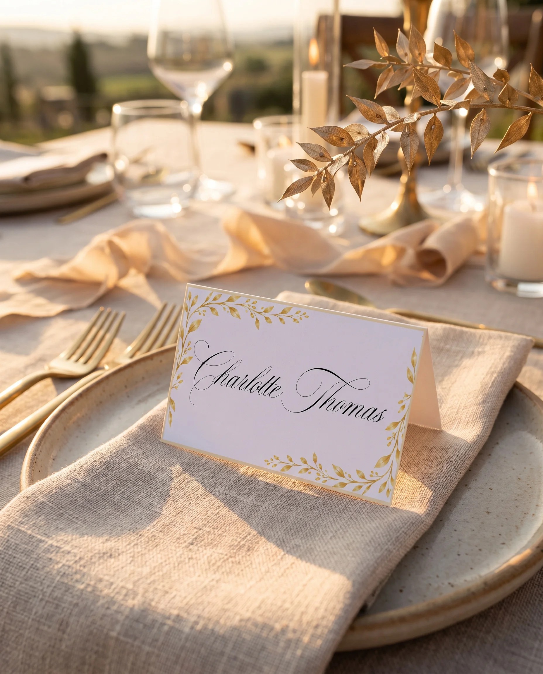 Gilded Bough wedding place cards — a single card displayed at a set place setting under soft natural light, wedding name cards.