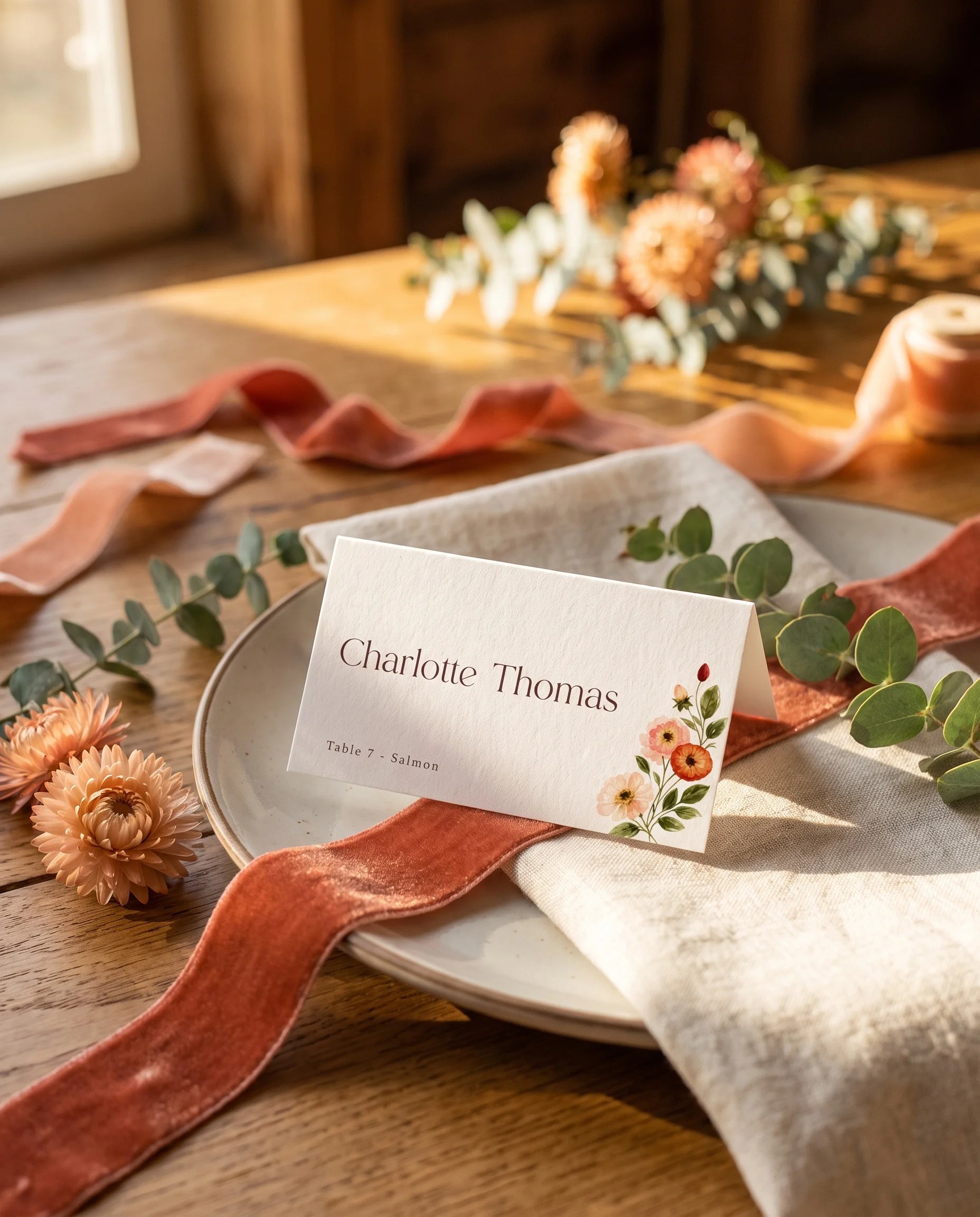 Eucalyptus Bloom wedding place cards — a single card displayed at a set place setting under soft overhead natural light, wedding name cards.