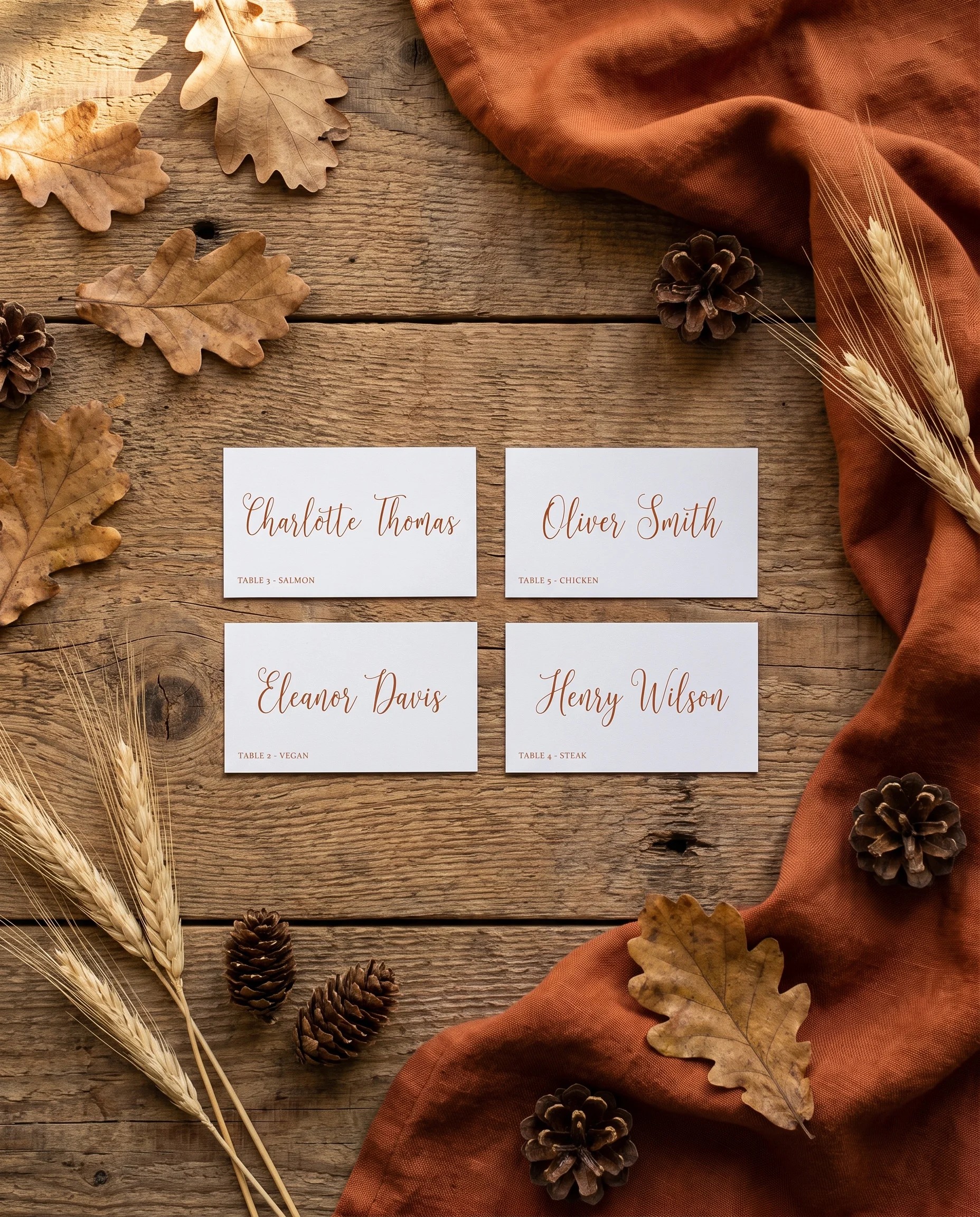 Autumn Vale wedding place cards — several place cards shown flat under soft natural light, slight overhead angle, wedding place cards