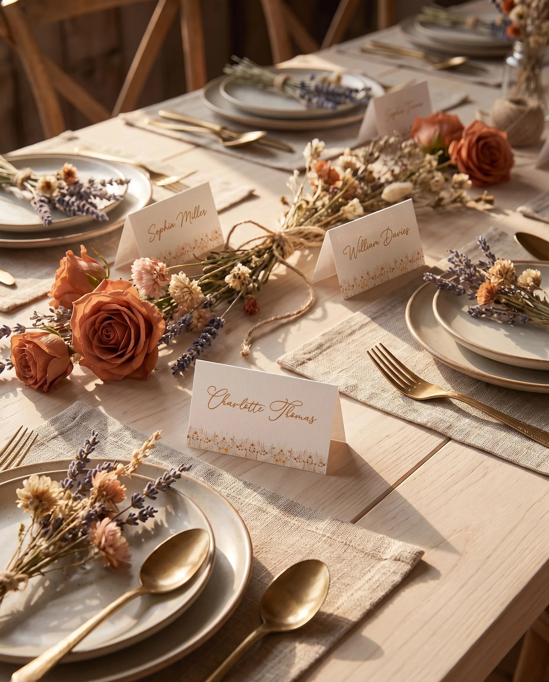Amber Meadow wedding place cards — several cards arranged on a dressed reception table under soft natural light, place card template.