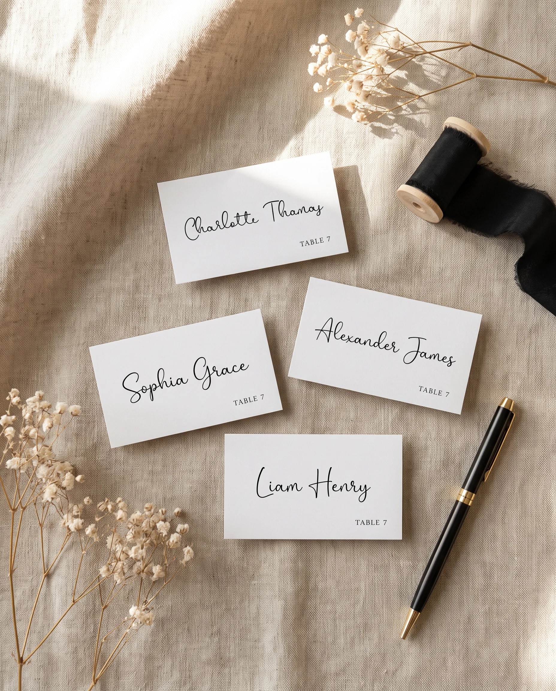 Sketchbook Bow wedding place cards — flat lay of several place cards under soft natural light, slight overhead angle, wedding place cards