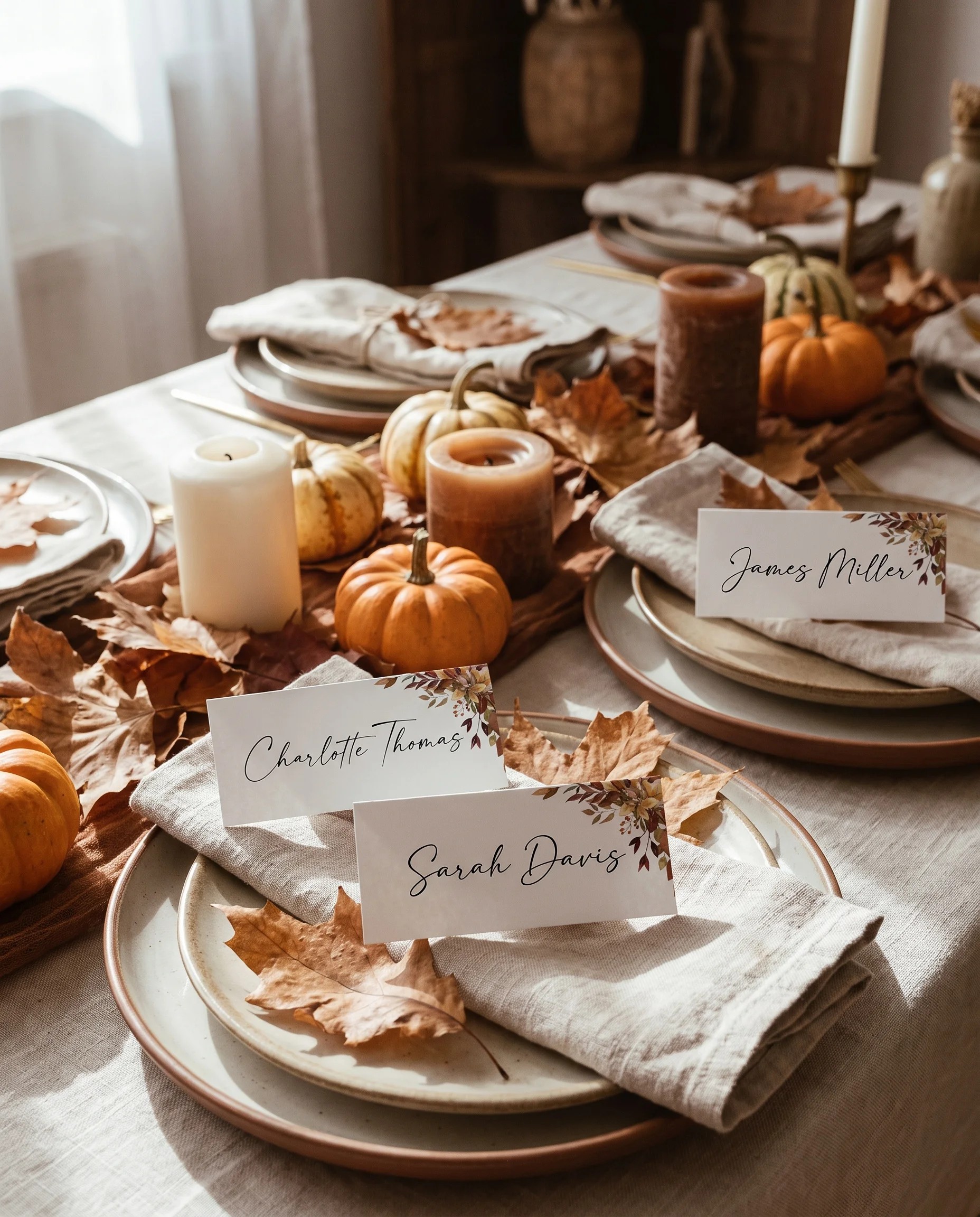 Autumn Bough wedding place cards — multiple cards arranged on a dressed reception table under soft overhead light, place card template.