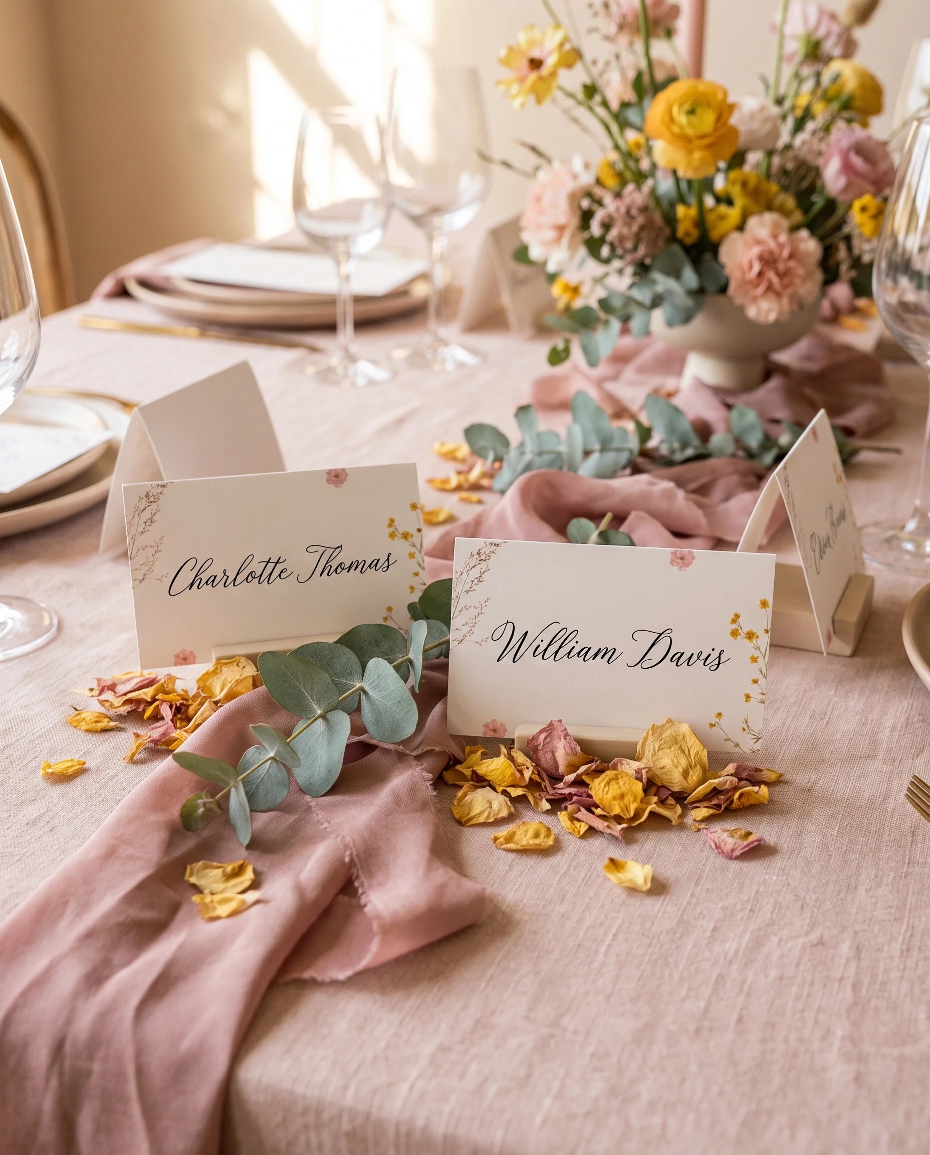 Marigold Petal wedding place cards — place cards arranged on a dressed reception table under soft natural light, place card template.