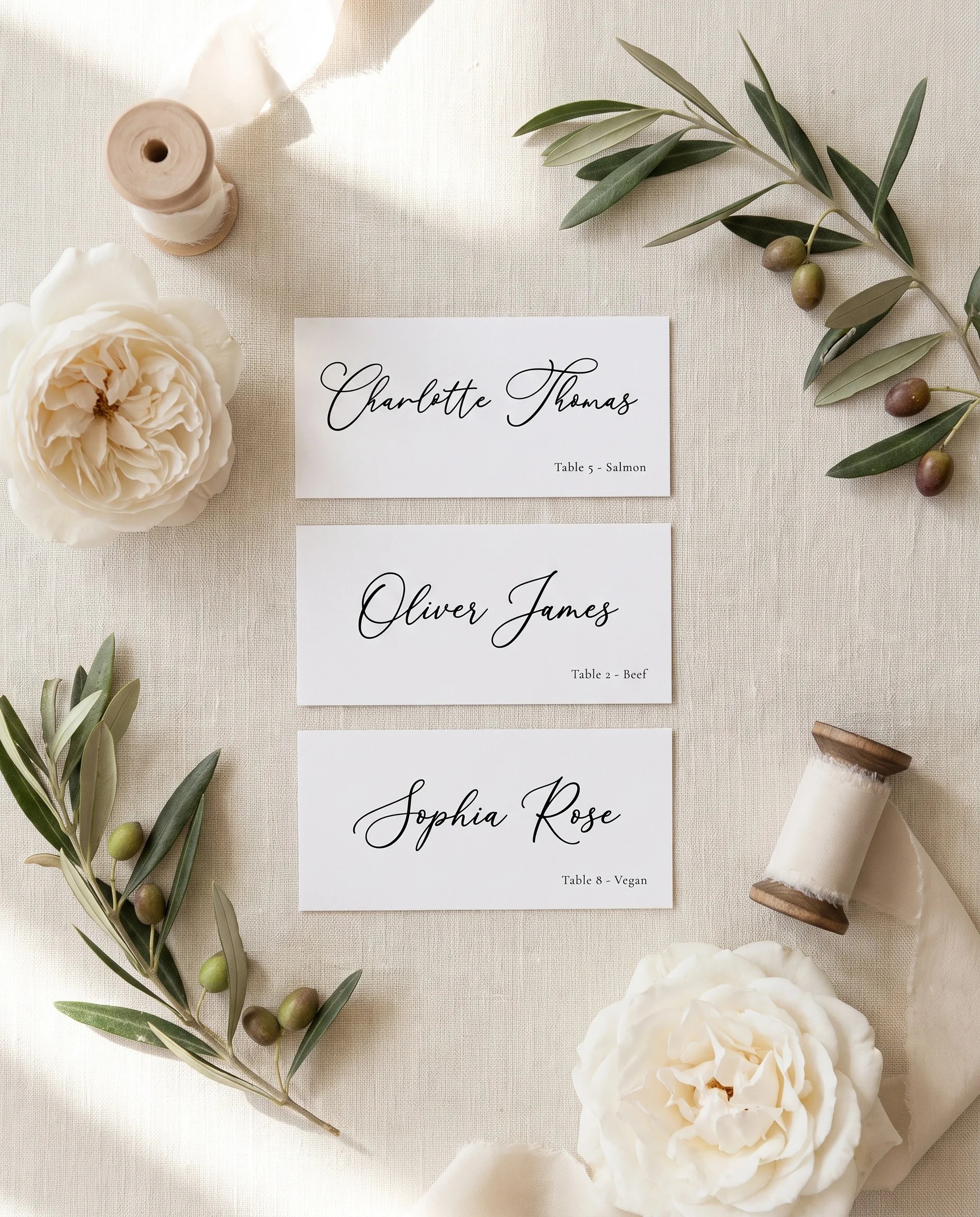 Quiet Line wedding place cards — flat lay of several cards shown flat under soft natural light, wedding place cards