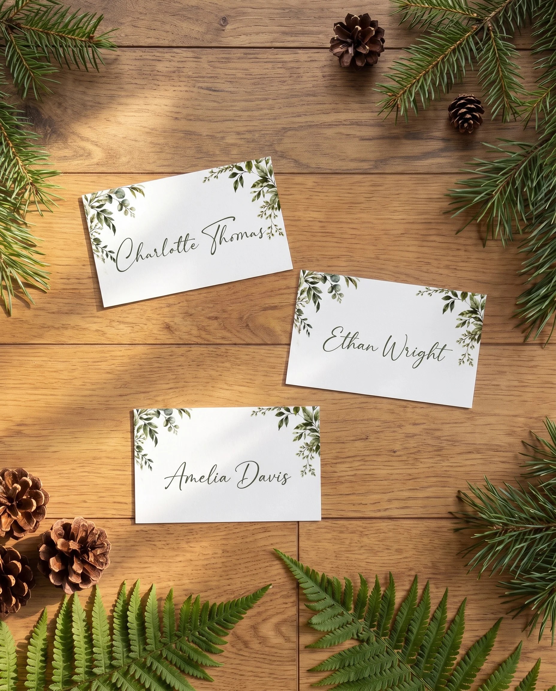 Canopy Grove wedding place cards — several cards shown flat under soft natural light with a slight overhead angle, wedding place cards