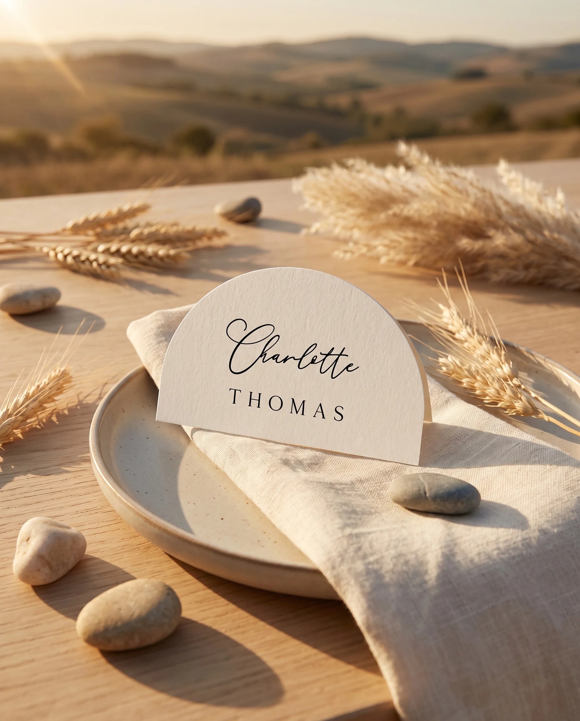 Halo Arch wedding place cards — a single place card displayed at a set place setting under soft natural light, wedding name cards.