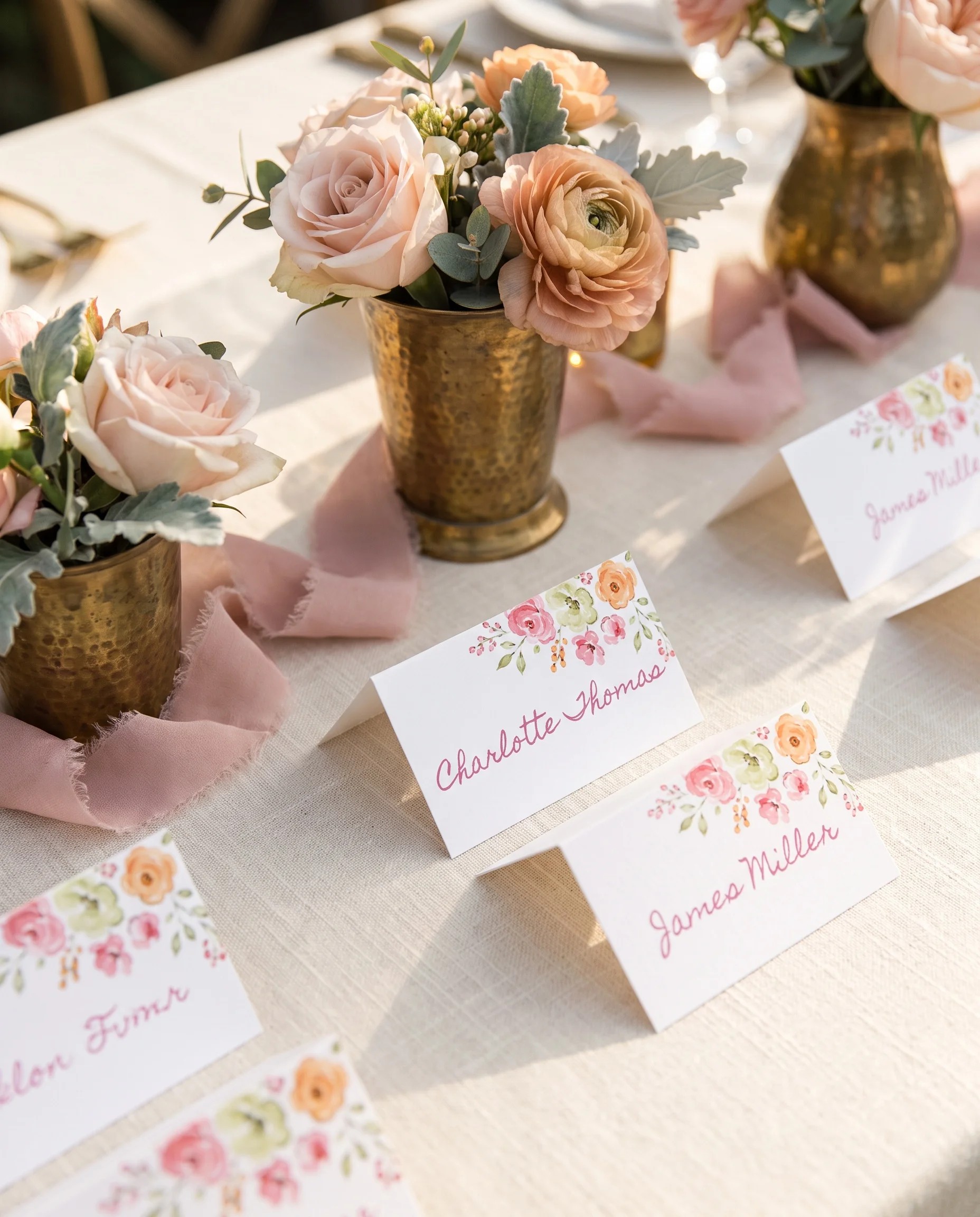 Blush Garland wedding place cards — cards arranged on a dressed reception table under soft natural light, place card template.