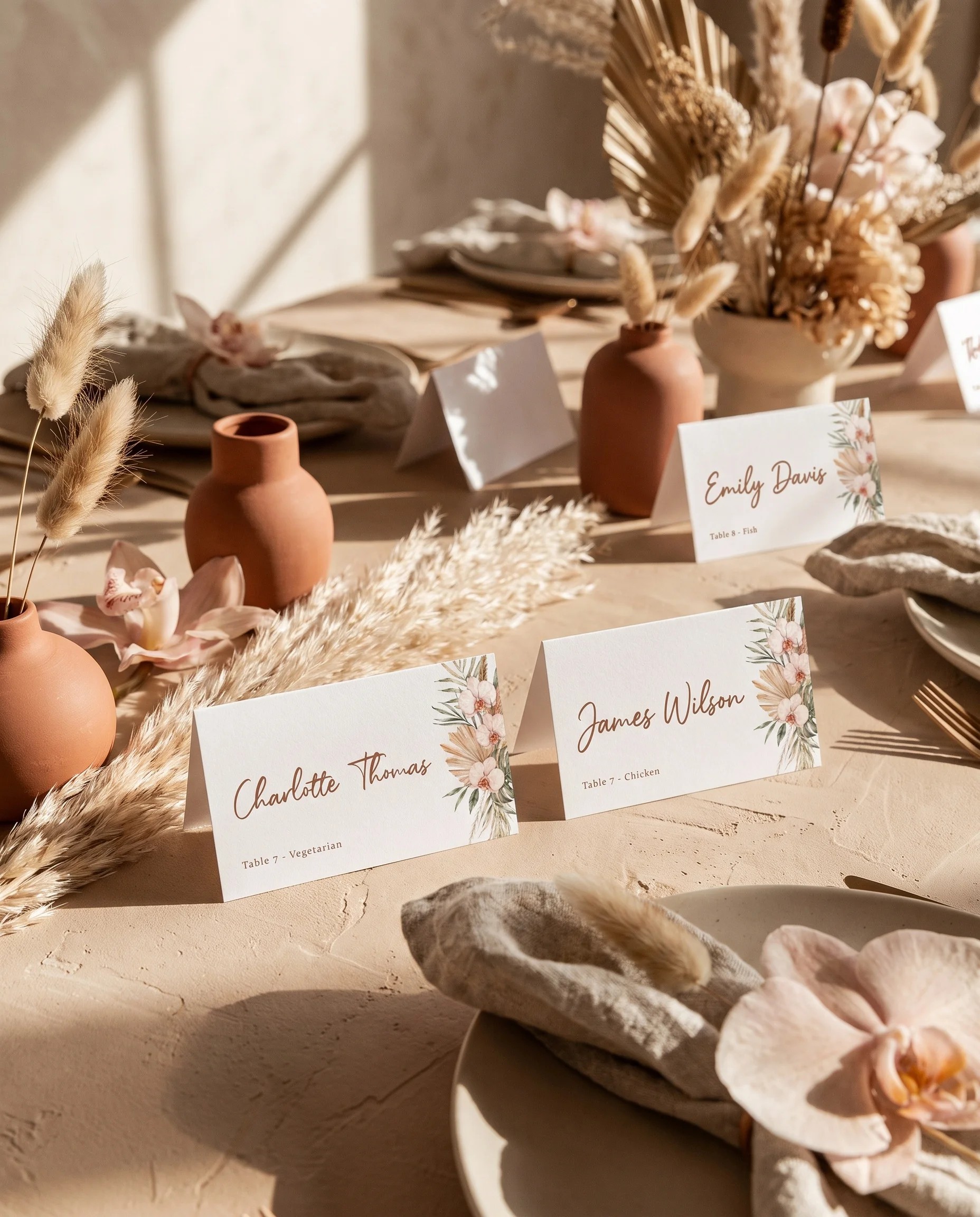 Palm Orchid wedding place cards — arranged on a dressed reception table under soft natural light, place card template.